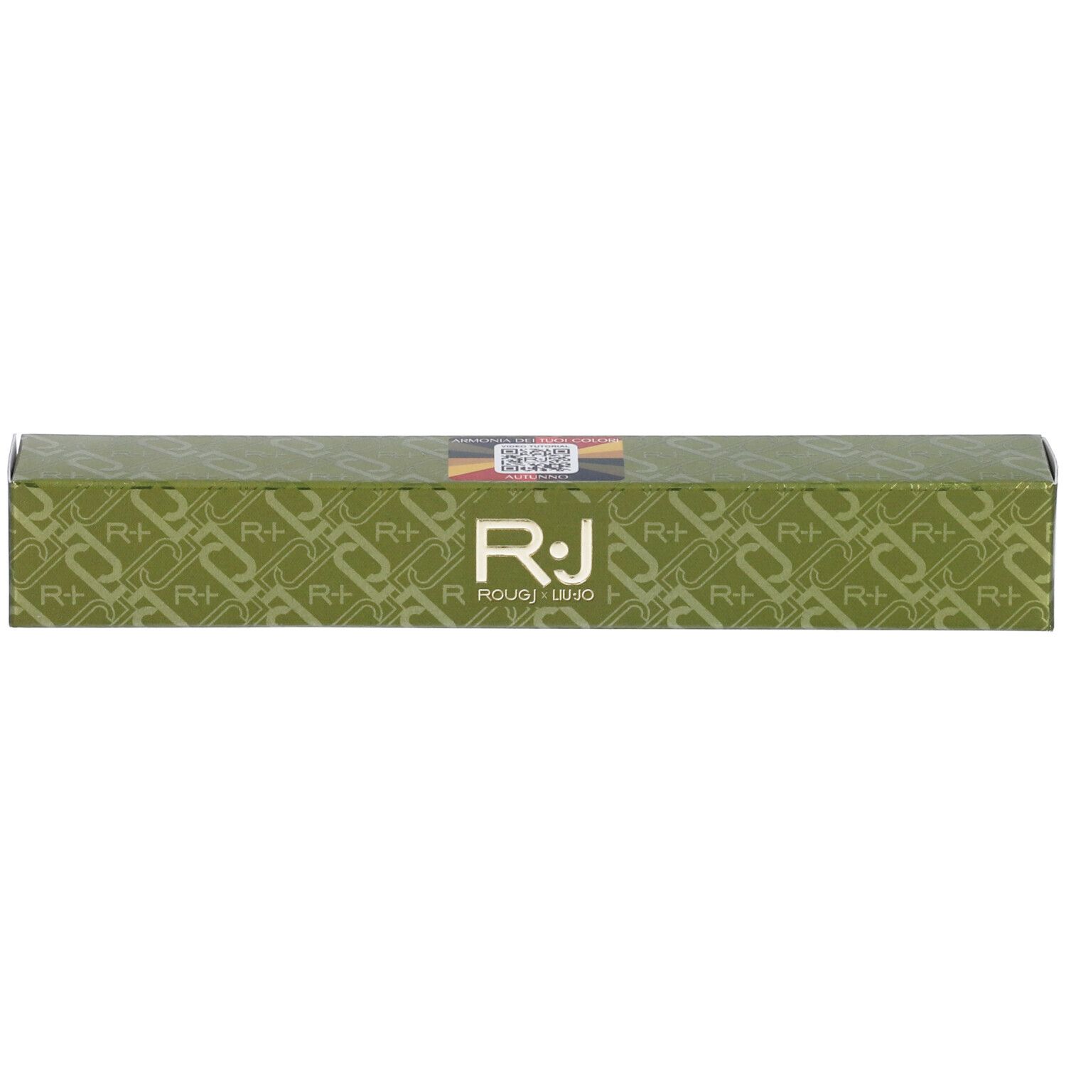Confezione verde con logo ROUGJ+ e codice QR. Forma rettangolare. Scritta dorata.
