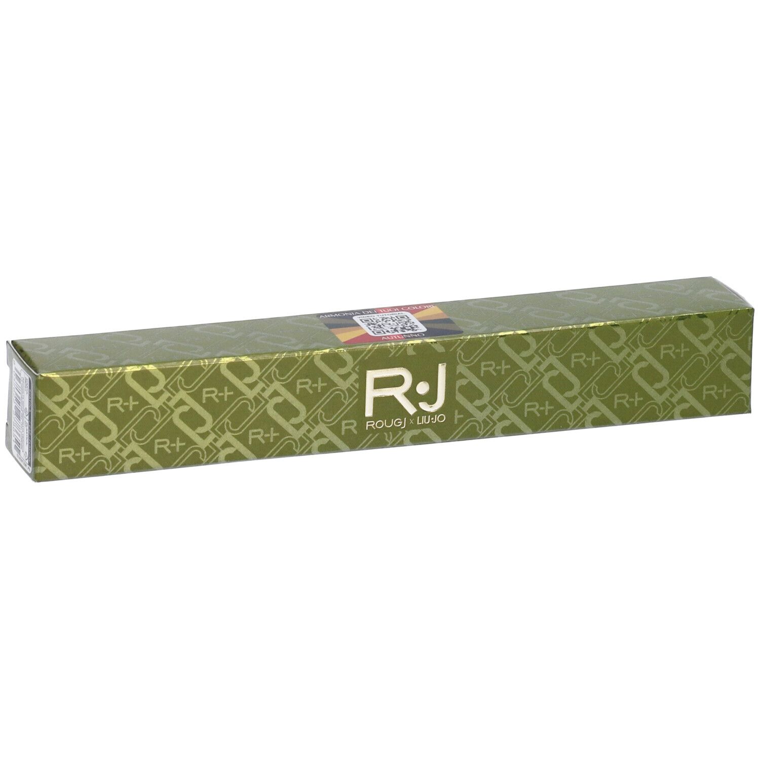 Confezione verde con logo ROUGJ+ e codice QR. Forma rettangolare. Scritta dorata.