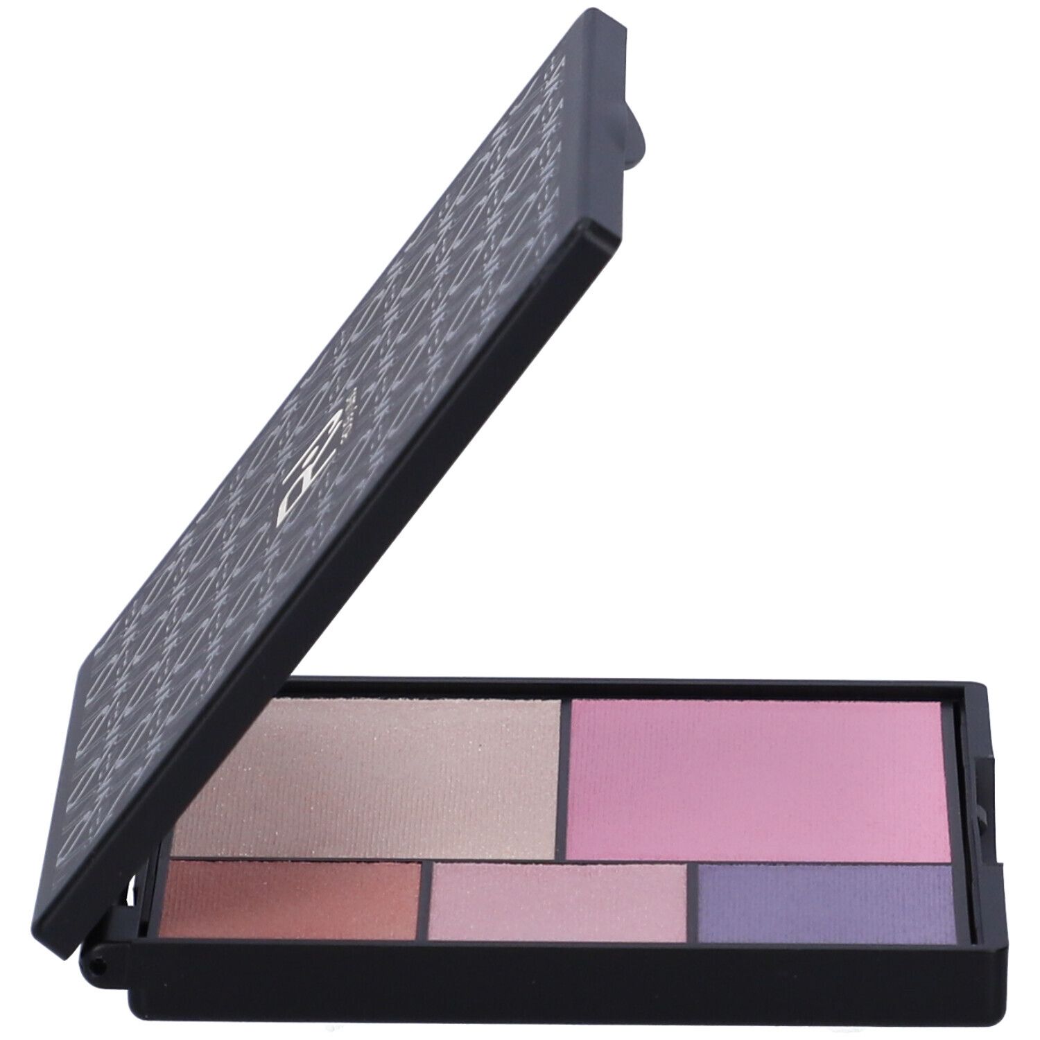 Palette nera aperta con tonalità di trucco. Coperchio con motivo.