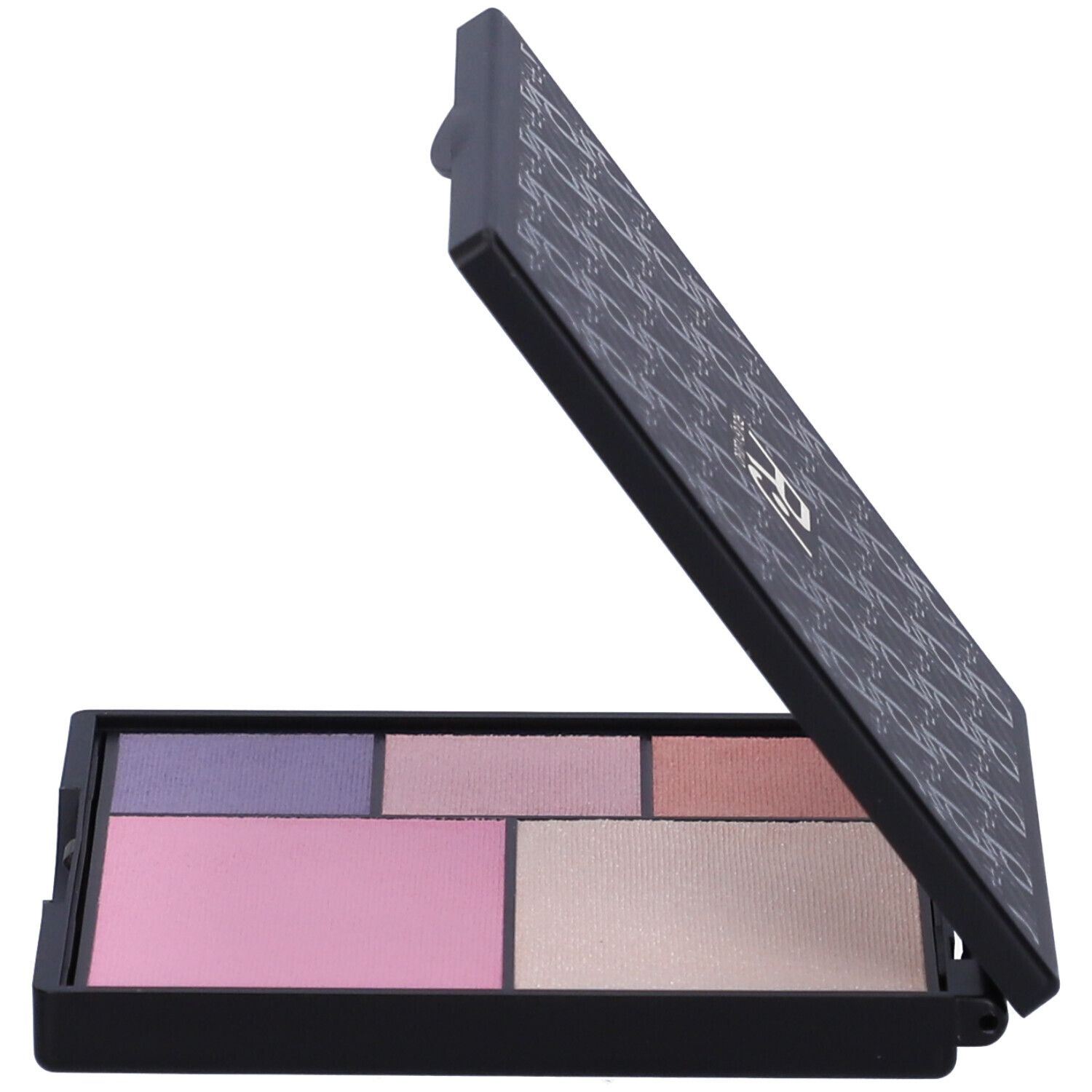 Palette nera aperta con tonalità di trucco. Coperchio con motivo.