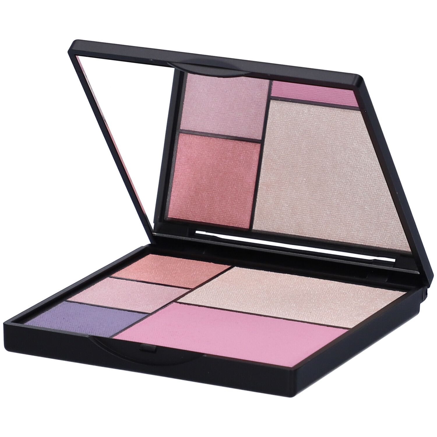 Palette nera aperta con tonalità di trucco e specchio.
