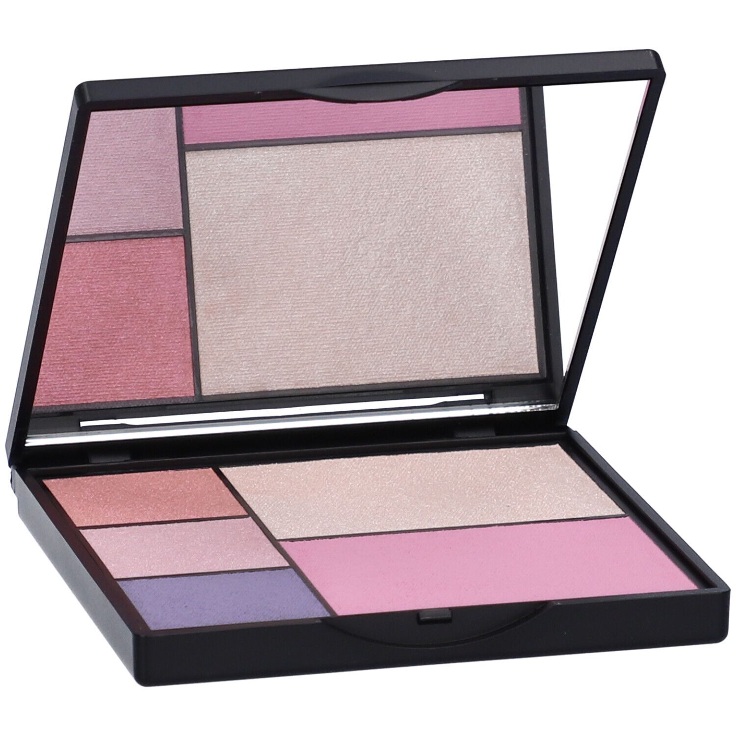 Palette nera aperta con tonalità di trucco e specchio.