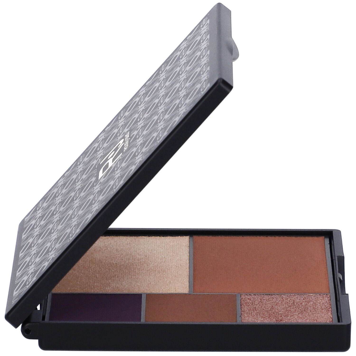 Palette nera aperta con diverse tonalità di ombretto. Coperchio con motivo.