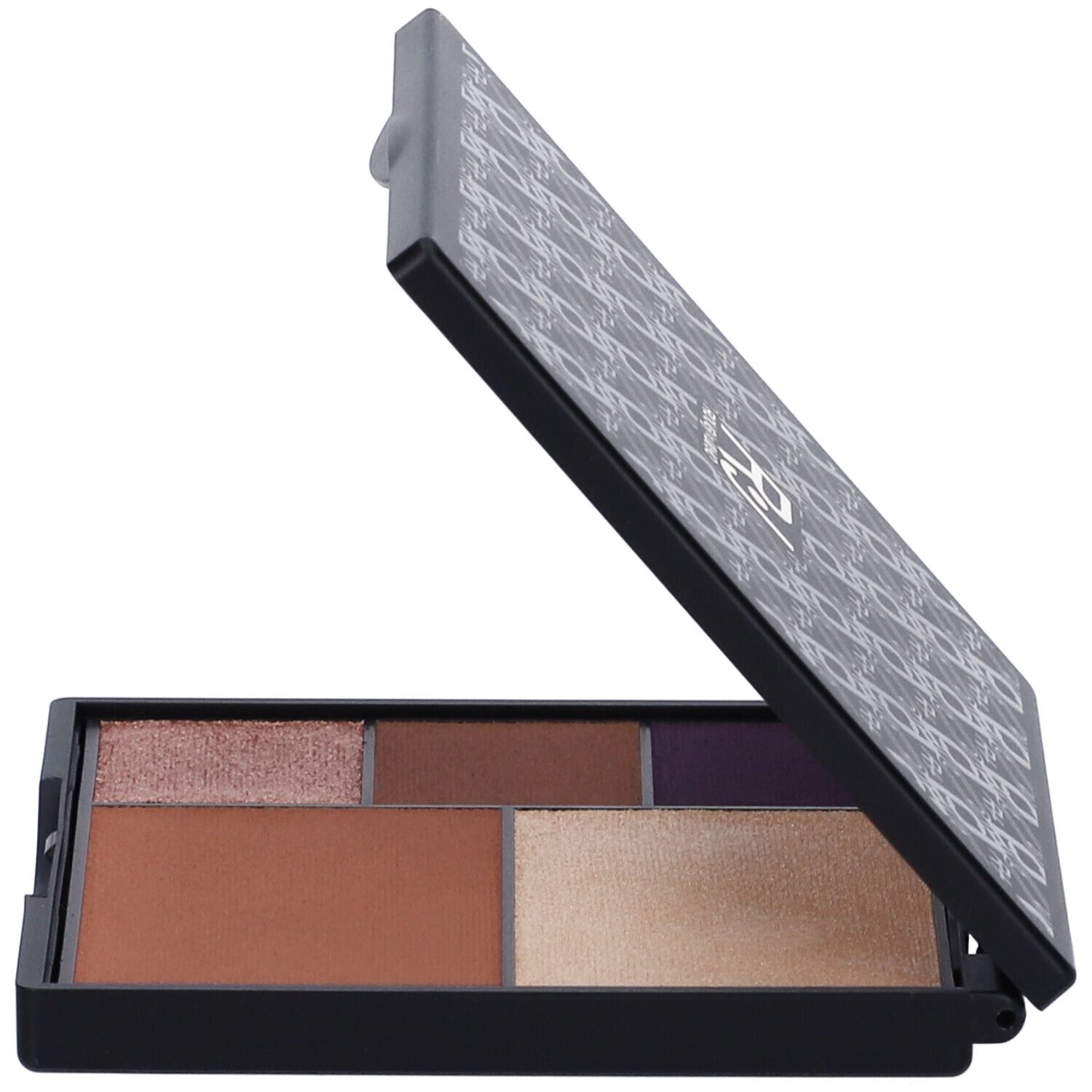 Palette nera aperta con diverse tonalità di ombretto. Coperchio con motivo.