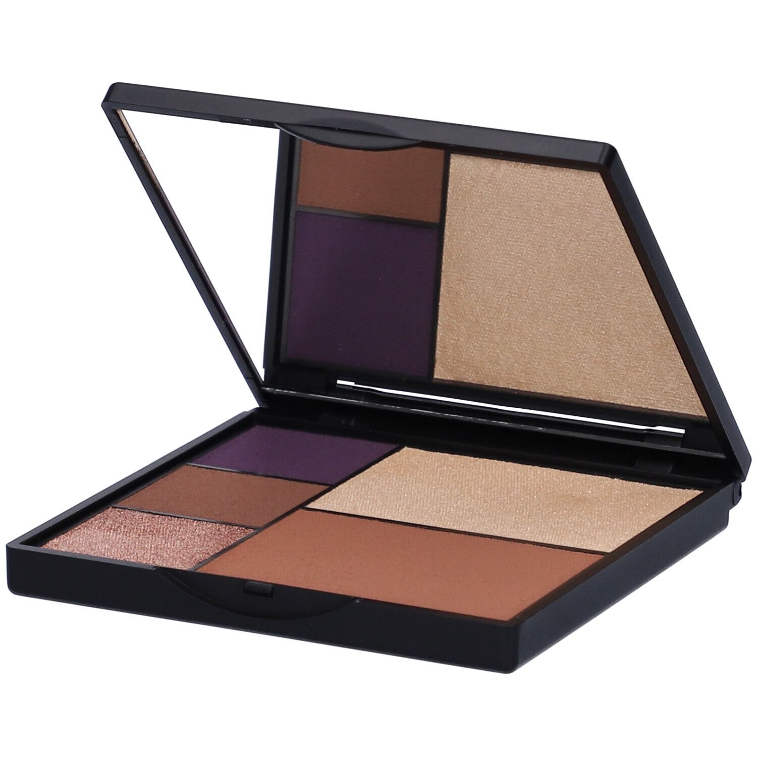 Palette nera aperta con diverse tonalità di ombretto e uno specchio.