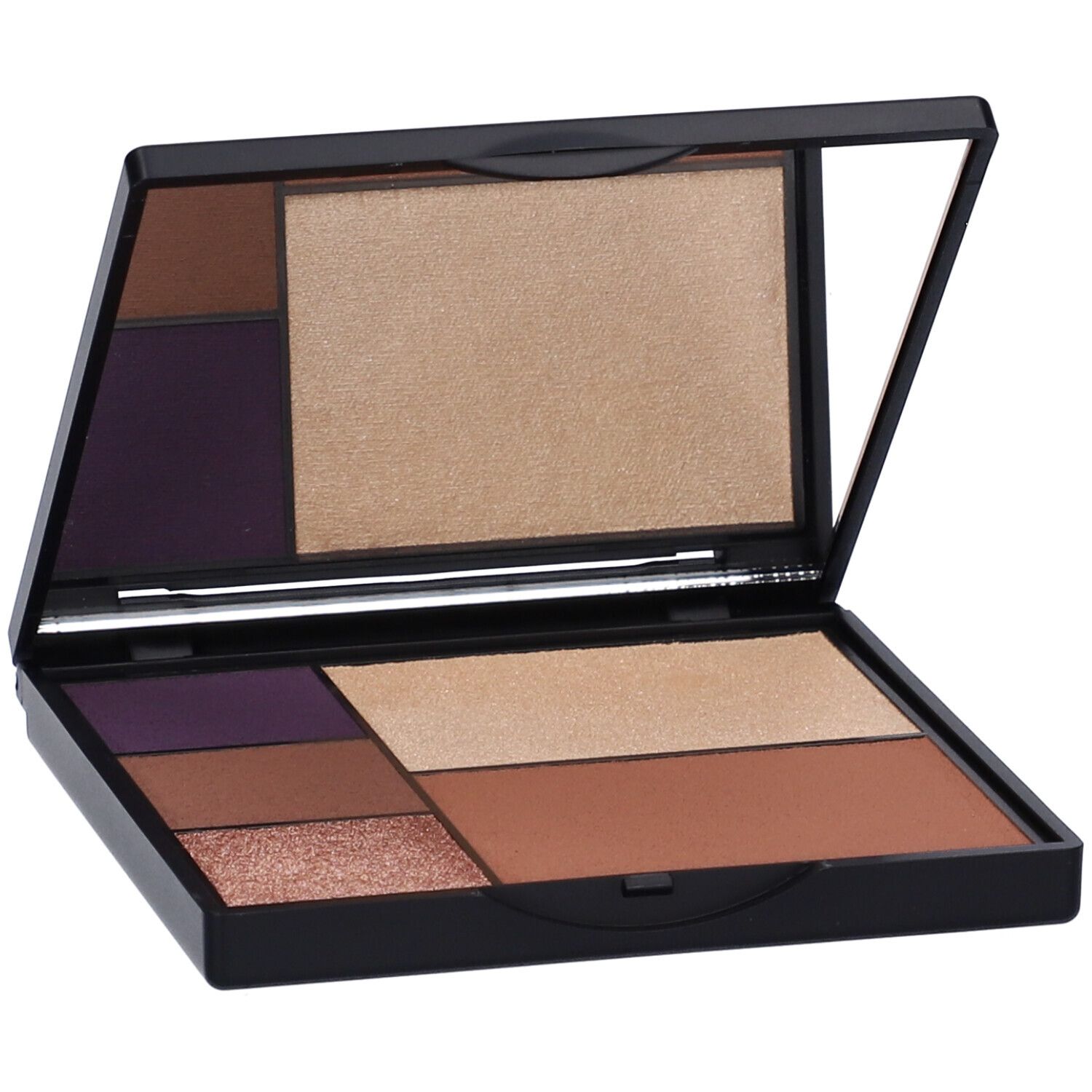 Palette nera aperta con diverse tonalità di ombretto e uno specchio.