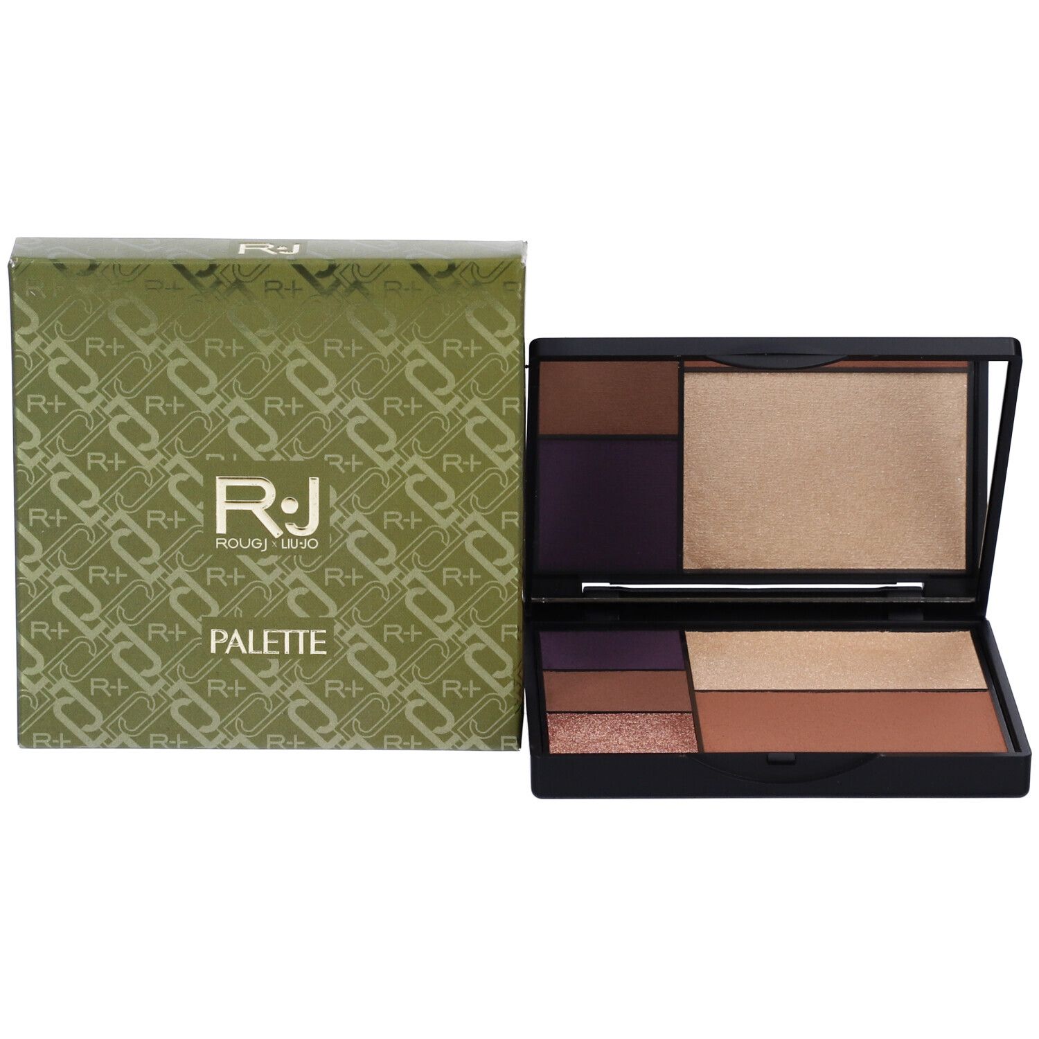 Palette e confezione. Sulla confezione è scritto R+ ROUGJ x LIUJO PALETTE.