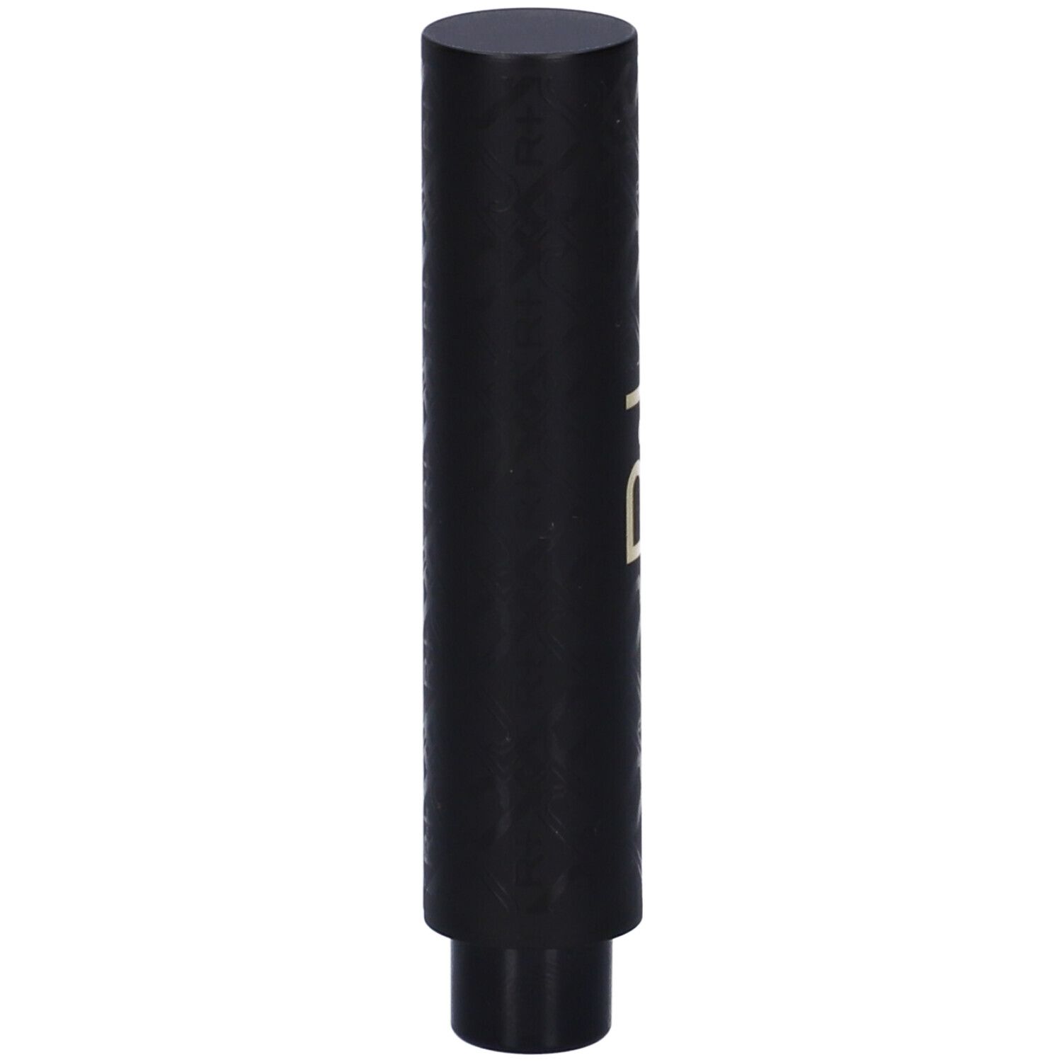 Stick balsamo labbra nero. Forma cilindrica con base. Scritta dorata.