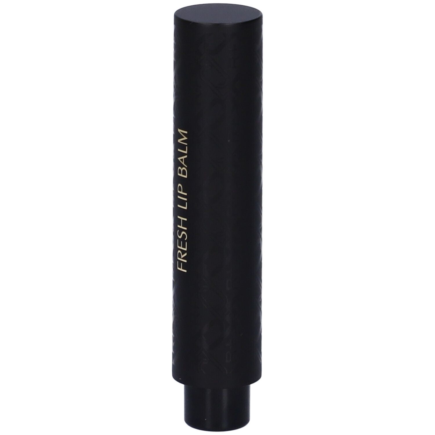 Stick balsamo labbra nero. Scritta dorata: FRESH LIP BALM. Forma cilindrica.