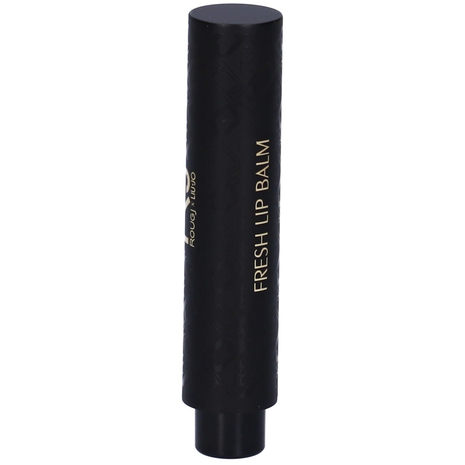 Stick balsamo labbra nero. Scritta dorata: ROUGJ x LIU JO, FRESH LIP BALM. Cilindrico.