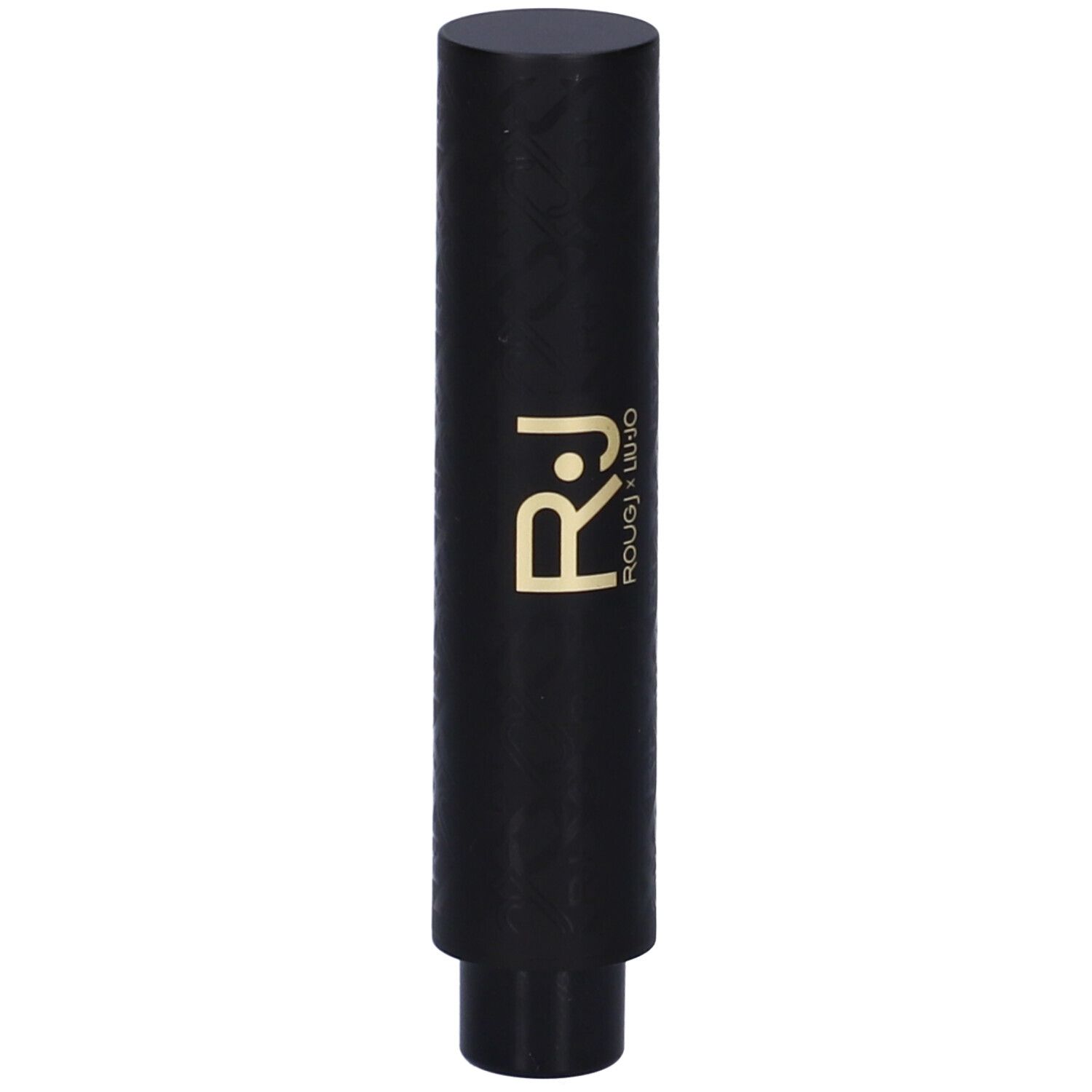 Stick balsamo labbra nero. Scritta dorata: ROUGJ x LIU JO. Forma cilindrica con base.