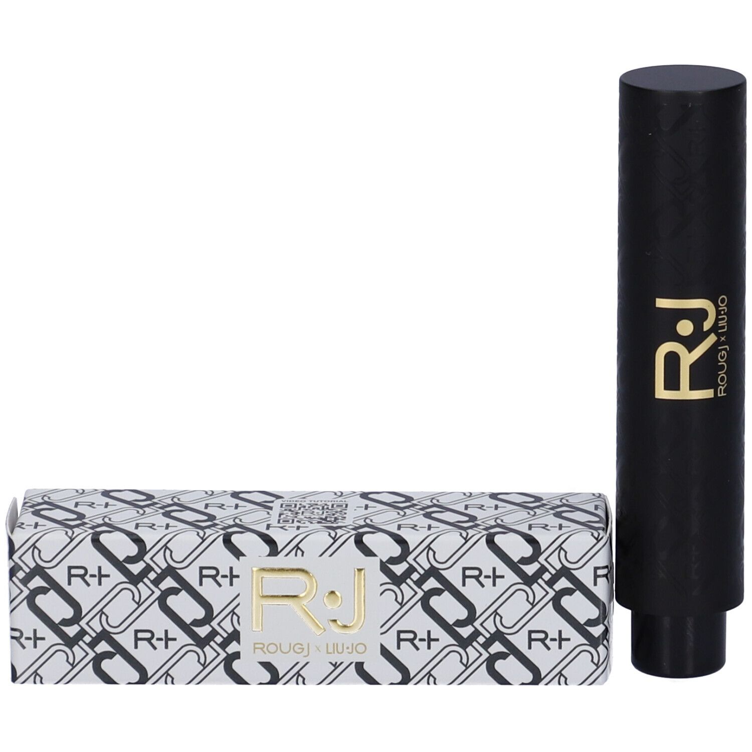 Stick balsamo labbra nero e confezione. Confezione con logo R+. Scritta dorata: ROUGJ x LIU JO.
