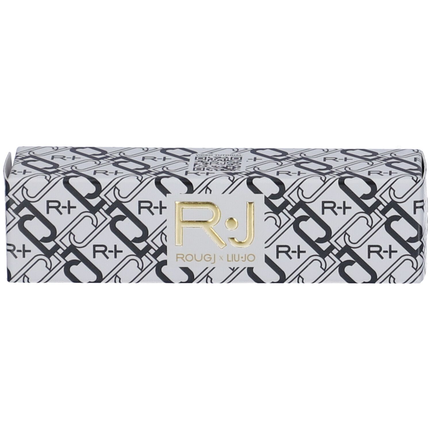 Confezione con logo R+. Scritta dorata: ROUGJ x LIU JO. Bianca con motivo nero.