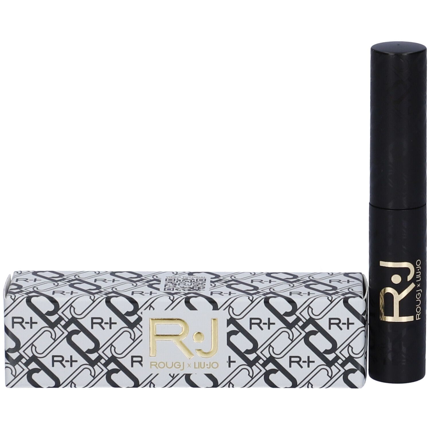 Penna nera e confezione. Confezione con logo R+ e ROUGJ x Liu Jo. Penna con logo R.J.