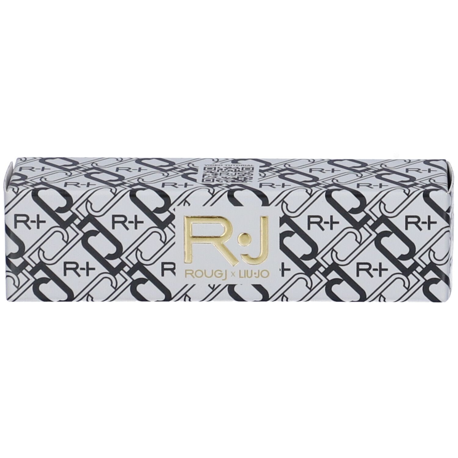 Confezione con logo R+ e ROUGJ x Liu Jo. Bianca con motivo nero e logo dorato.