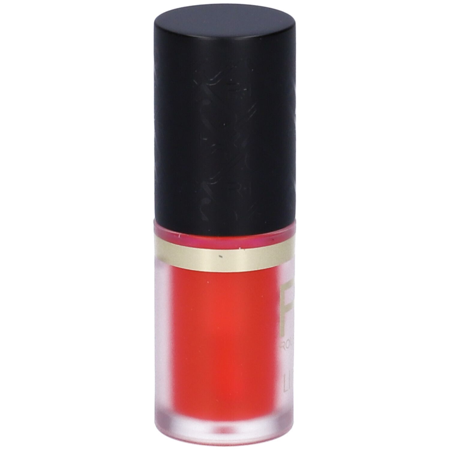 Olio labbra in flacone trasparente, tappo nero. Logo ROUGJ x Liu Jo e scritta. Colore fucsia.
