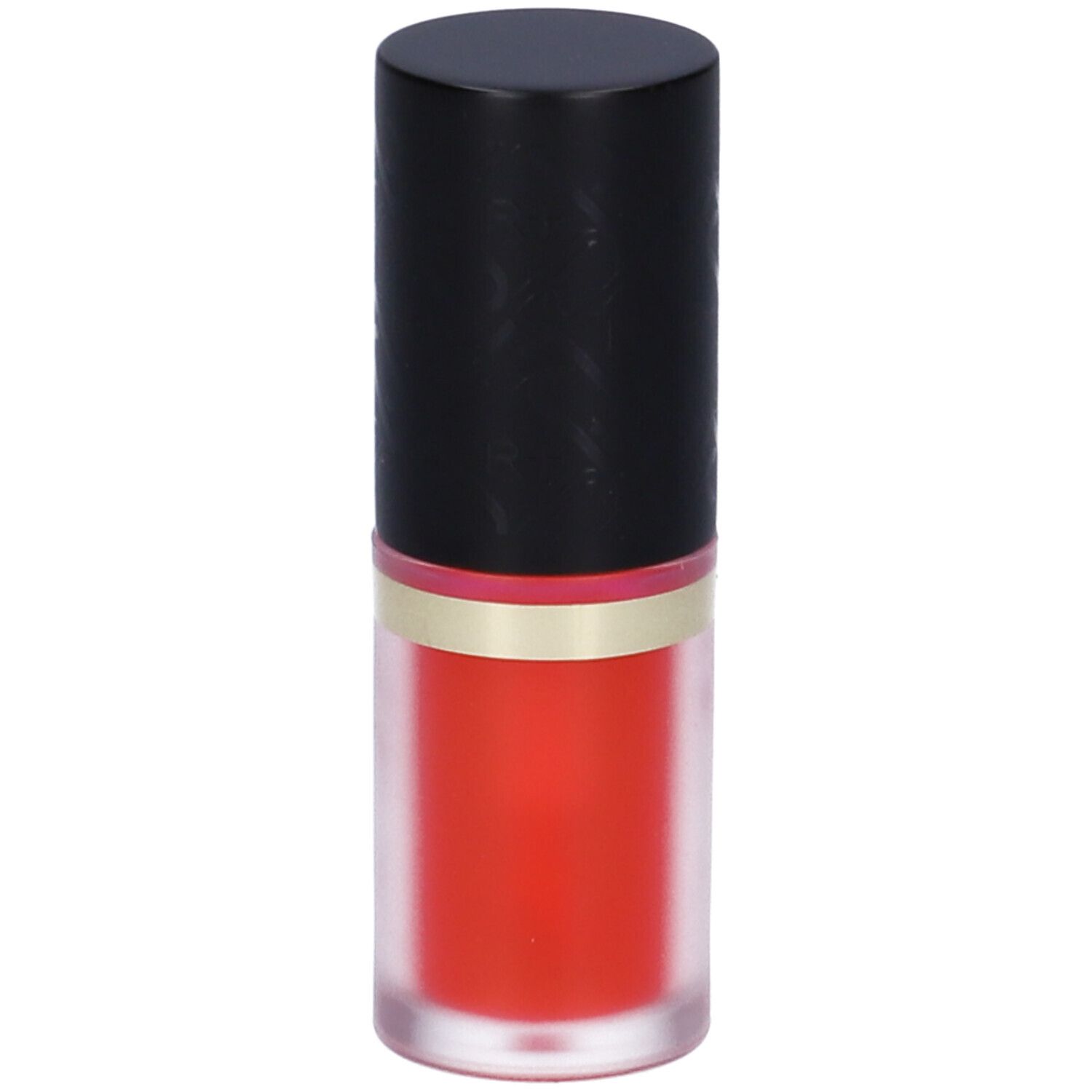 Olio labbra in flacone trasparente, tappo nero. Logo ROUGJ x Liu Jo e scritta. Colore fucsia.