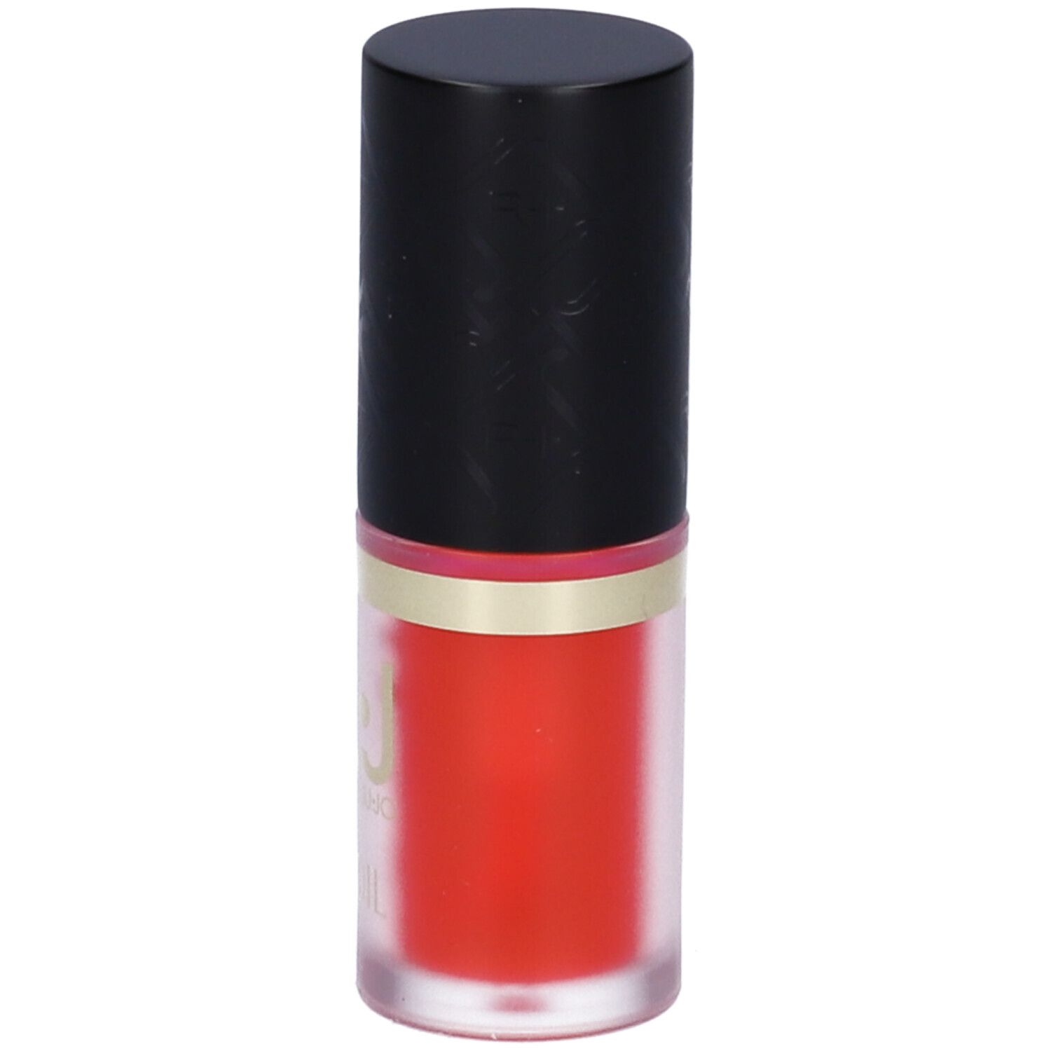 Olio labbra in flacone trasparente, tappo nero. Logo ROUGJ x Liu Jo e scritta. Colore fucsia.