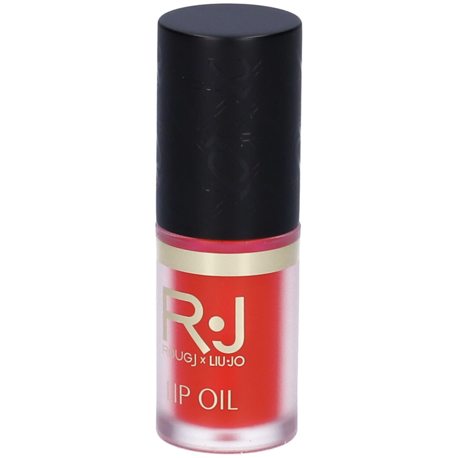Olio labbra in flacone trasparente, tappo nero. Logo ROUGJ x Liu Jo e scritta. Colore fucsia.