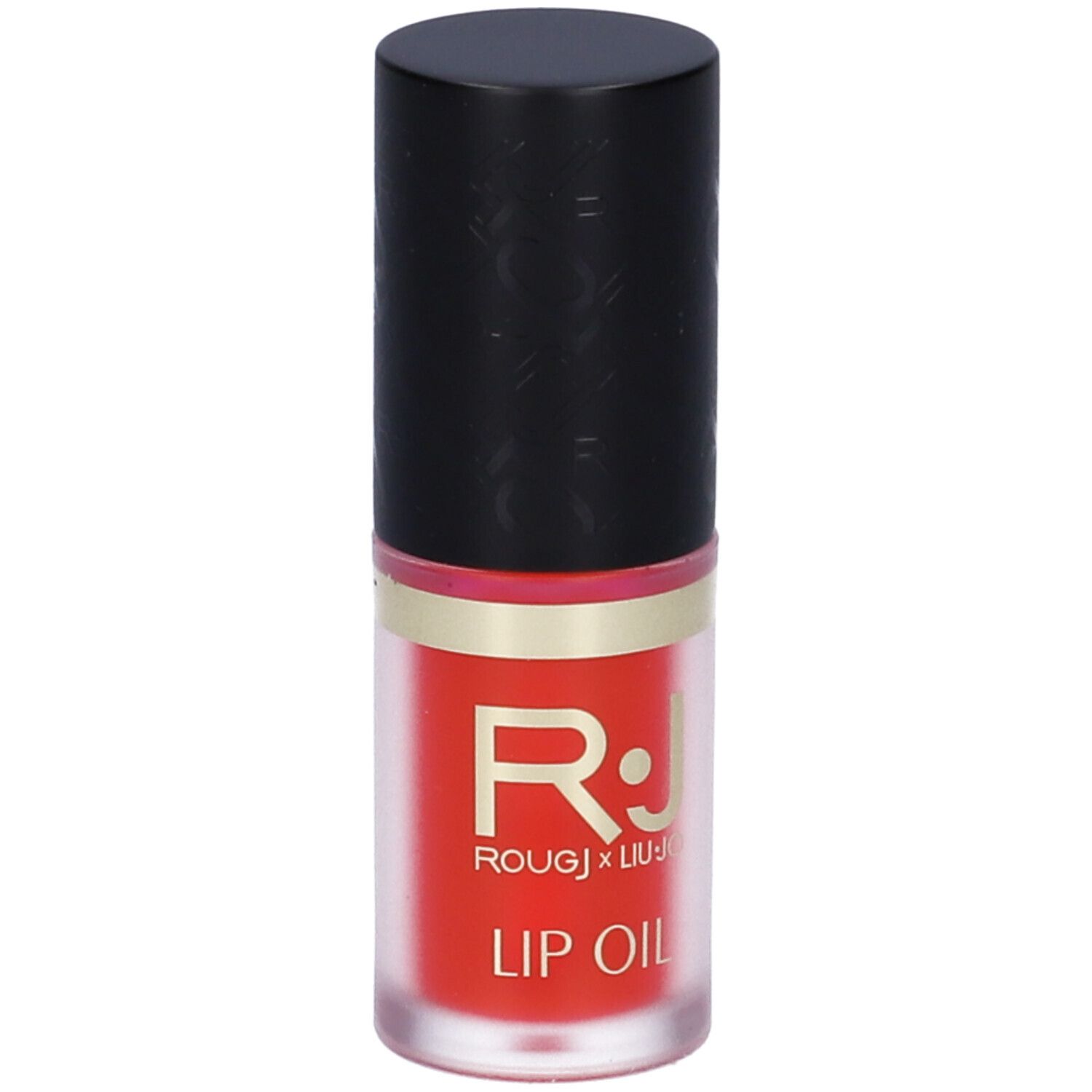 Olio labbra in flacone trasparente, tappo nero. Logo ROUGJ x Liu Jo e scritta. Colore fucsia.