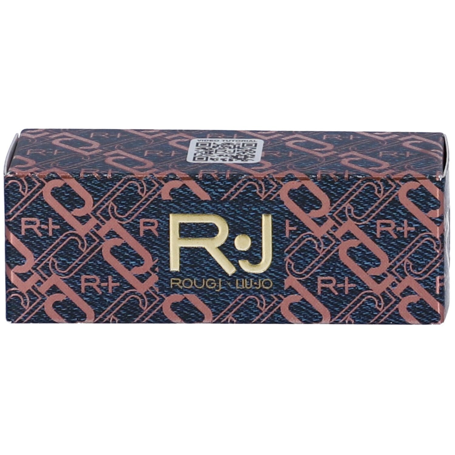 Confezione con logo ROUGJ x Liu Jo. Forma rettangolare, sfondo blu scuro con motivo.