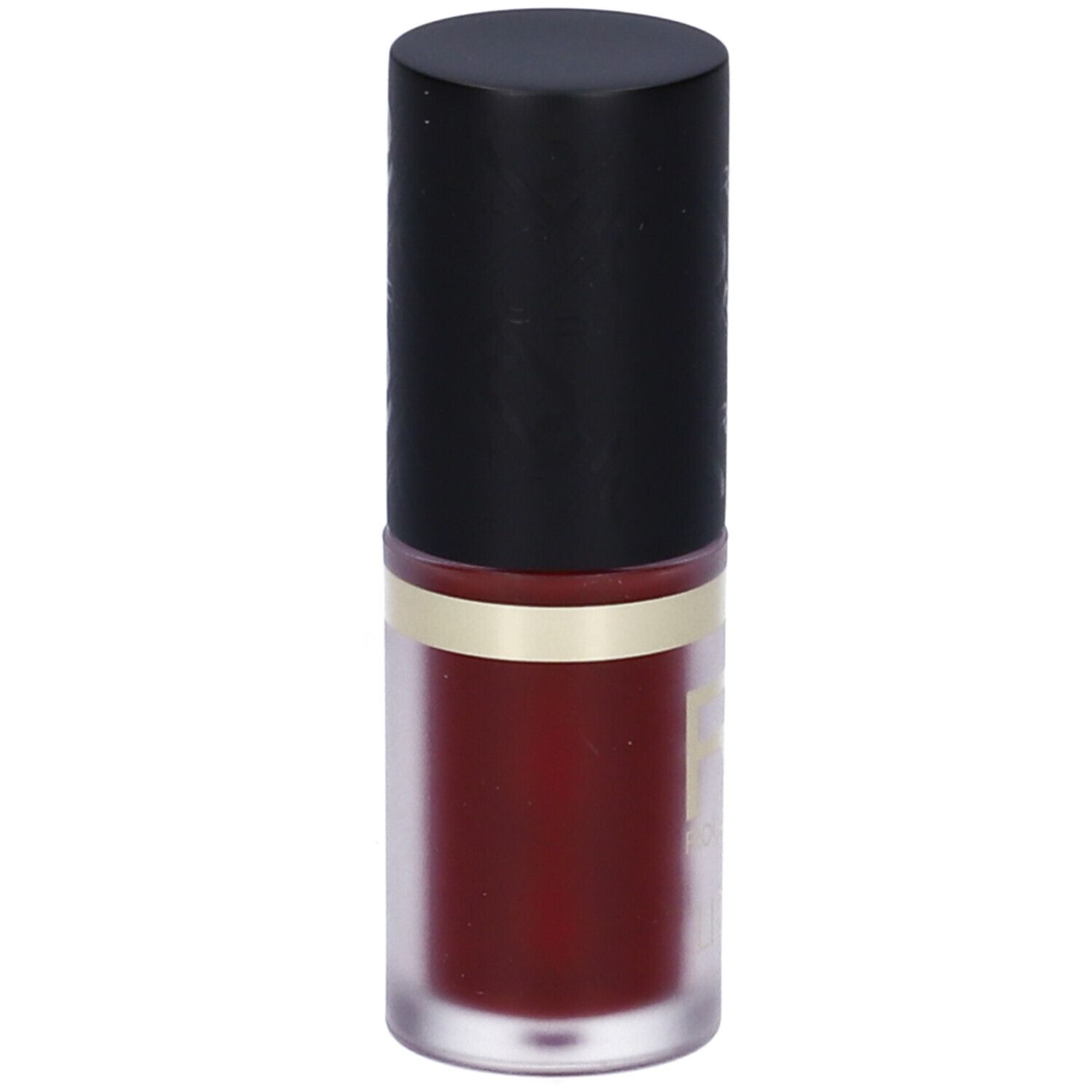 Olio labbra con tappo nero. Contenuto rosso visibile.