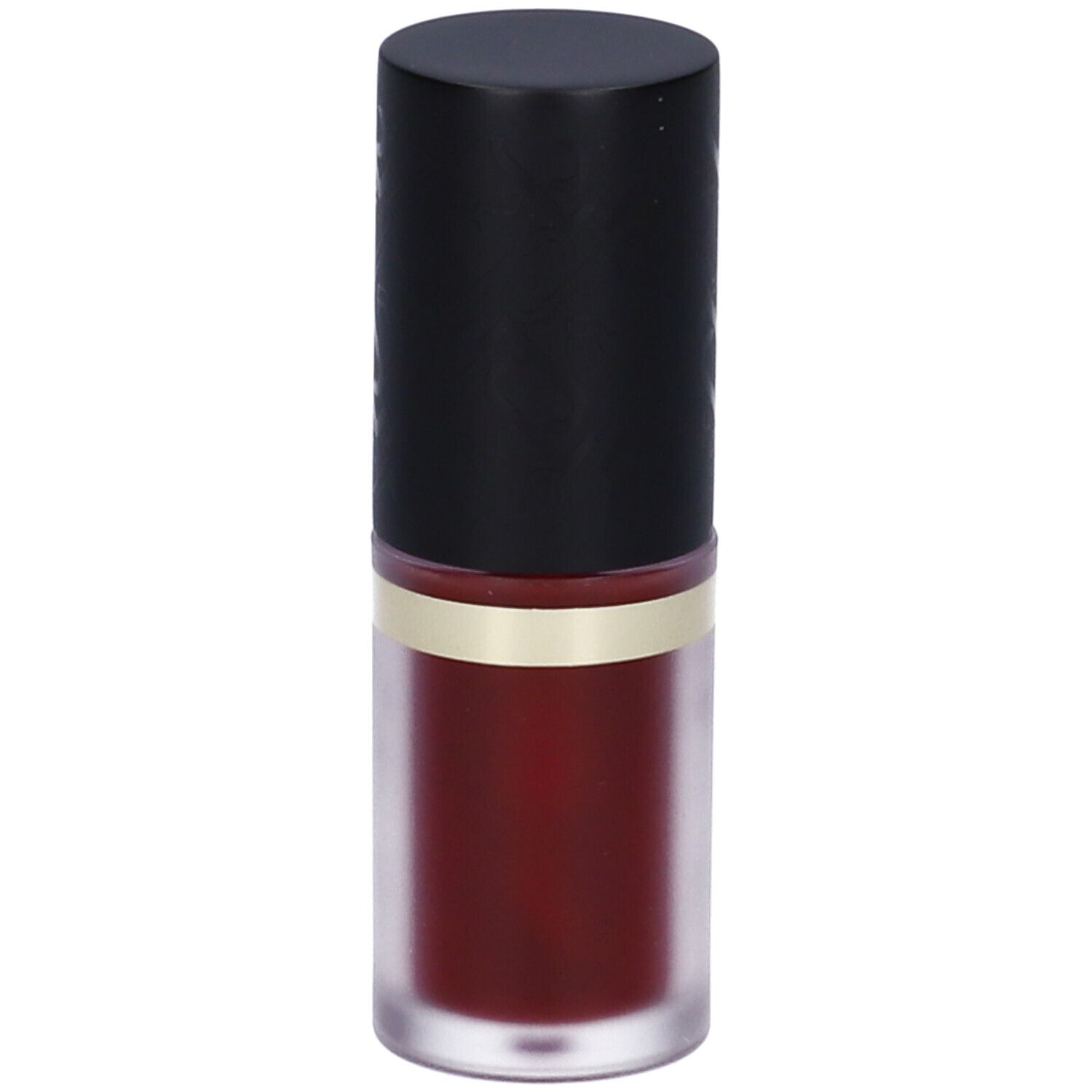 Olio labbra con tappo nero. Contenuto rosso visibile.