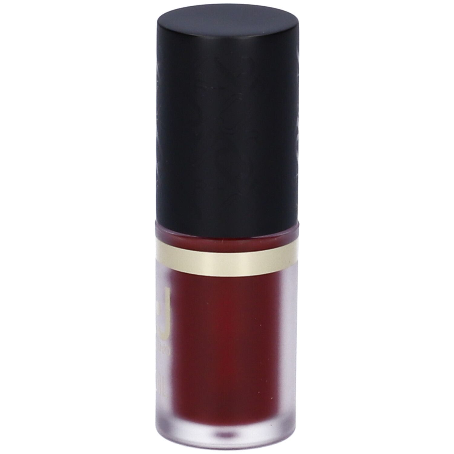 Olio labbra con tappo nero. Contenuto rosso visibile.