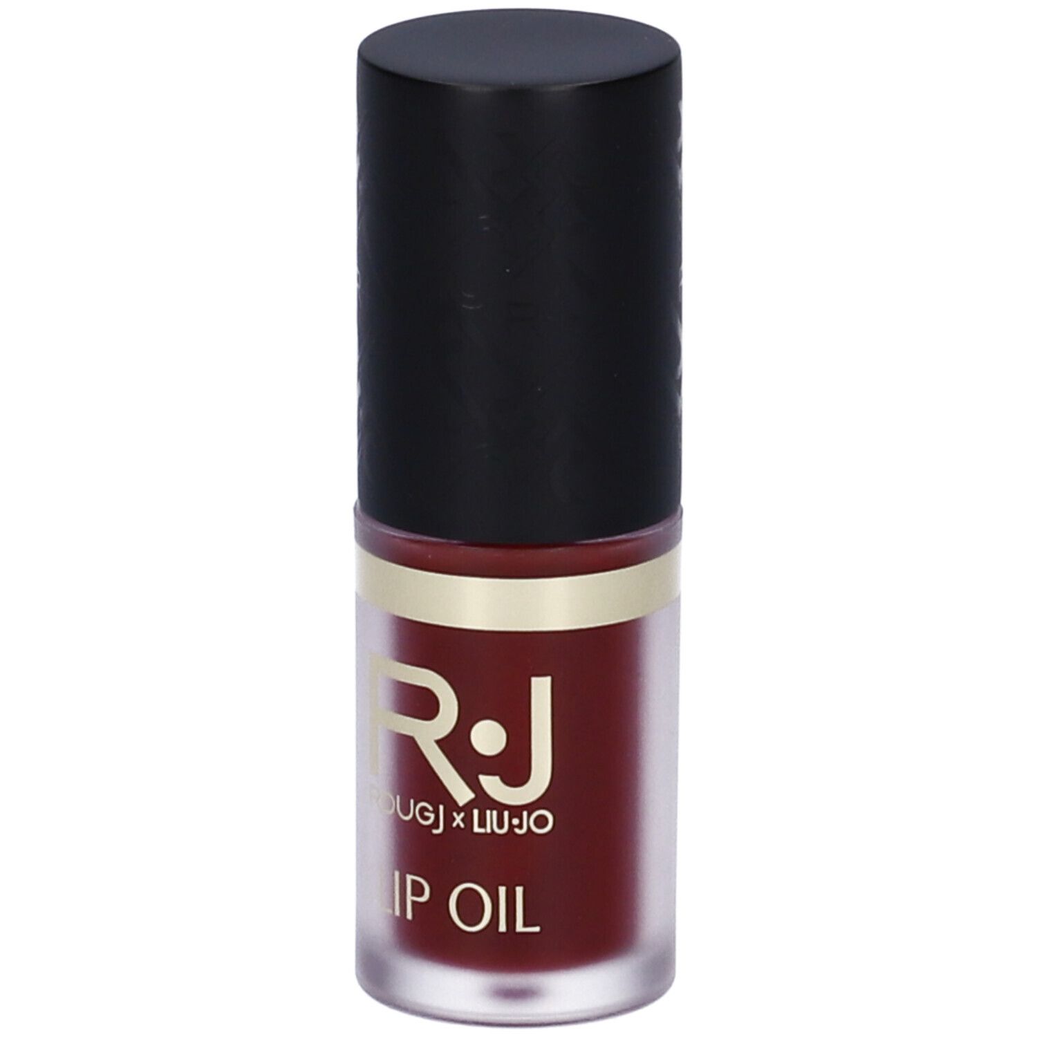 Olio labbra con tappo nero. Scritta: R.J ROUGJ x LIU-JO LIP OIL.