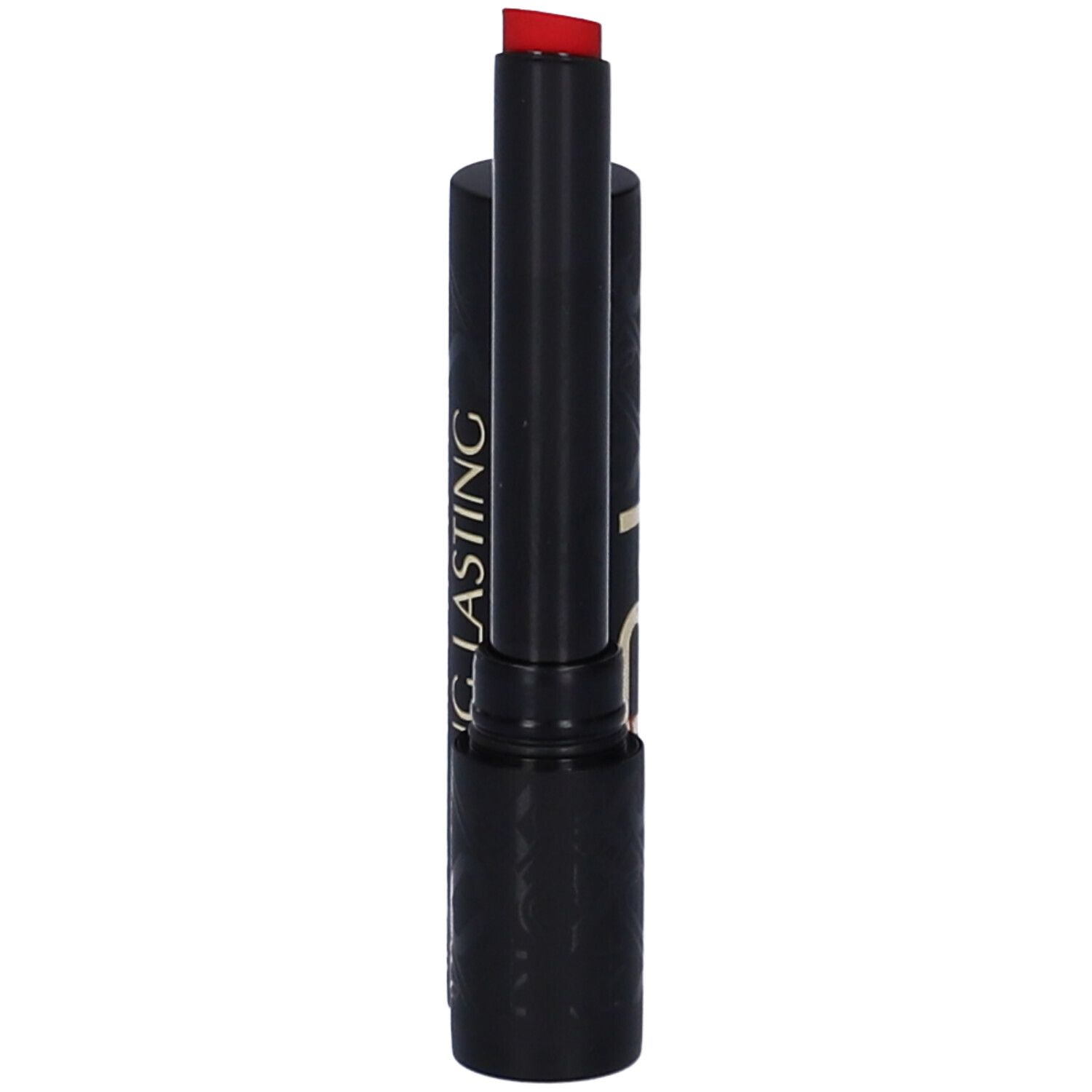 Rossetto rosso in astuccio nero. Aperto, stick visibile. Sulla custodia c'è scritto LONG LASTING.