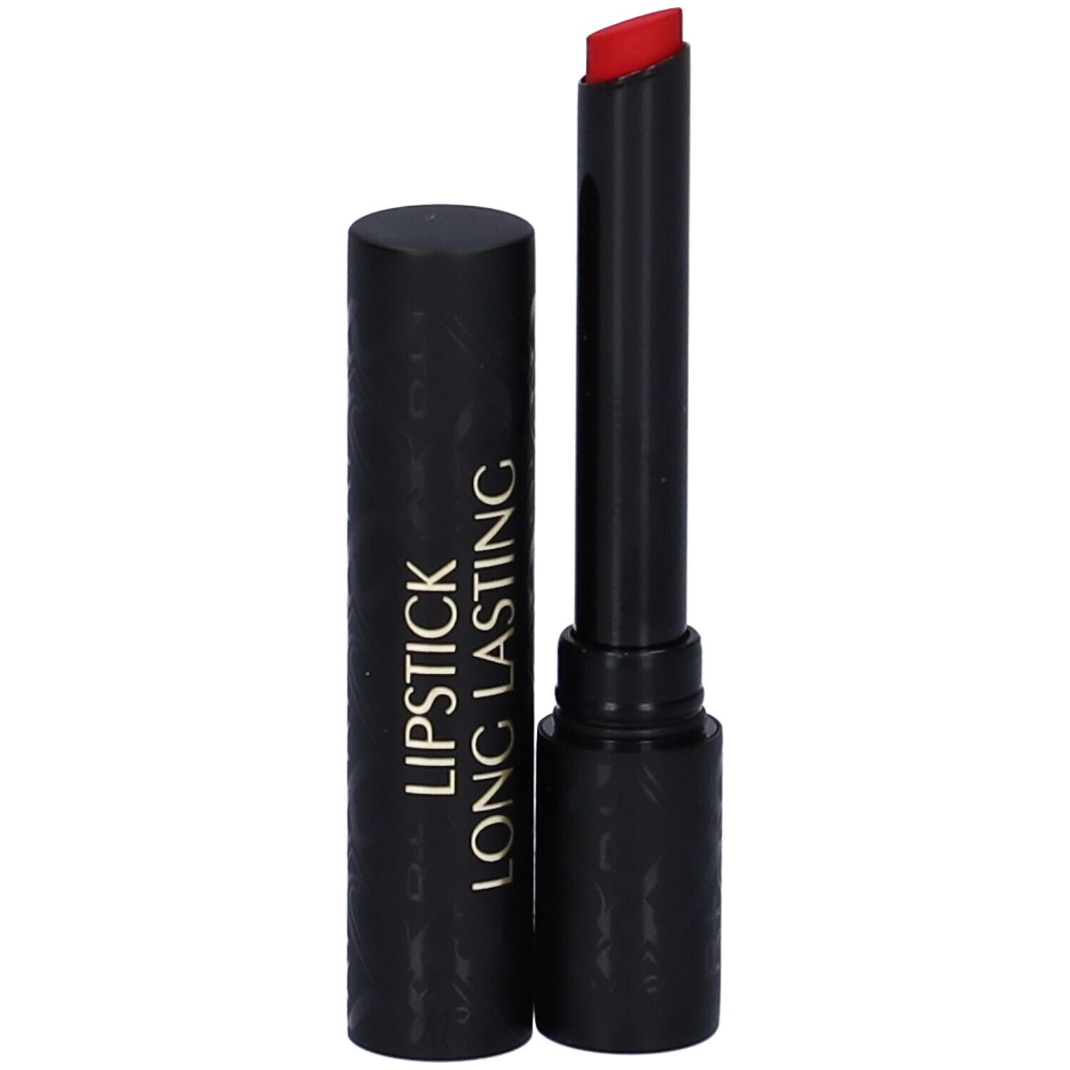 Rossetto rosso in astuccio nero. Aperto, stick visibile. Sulla custodia c'è scritto LIPSTICK LONG LASTING.