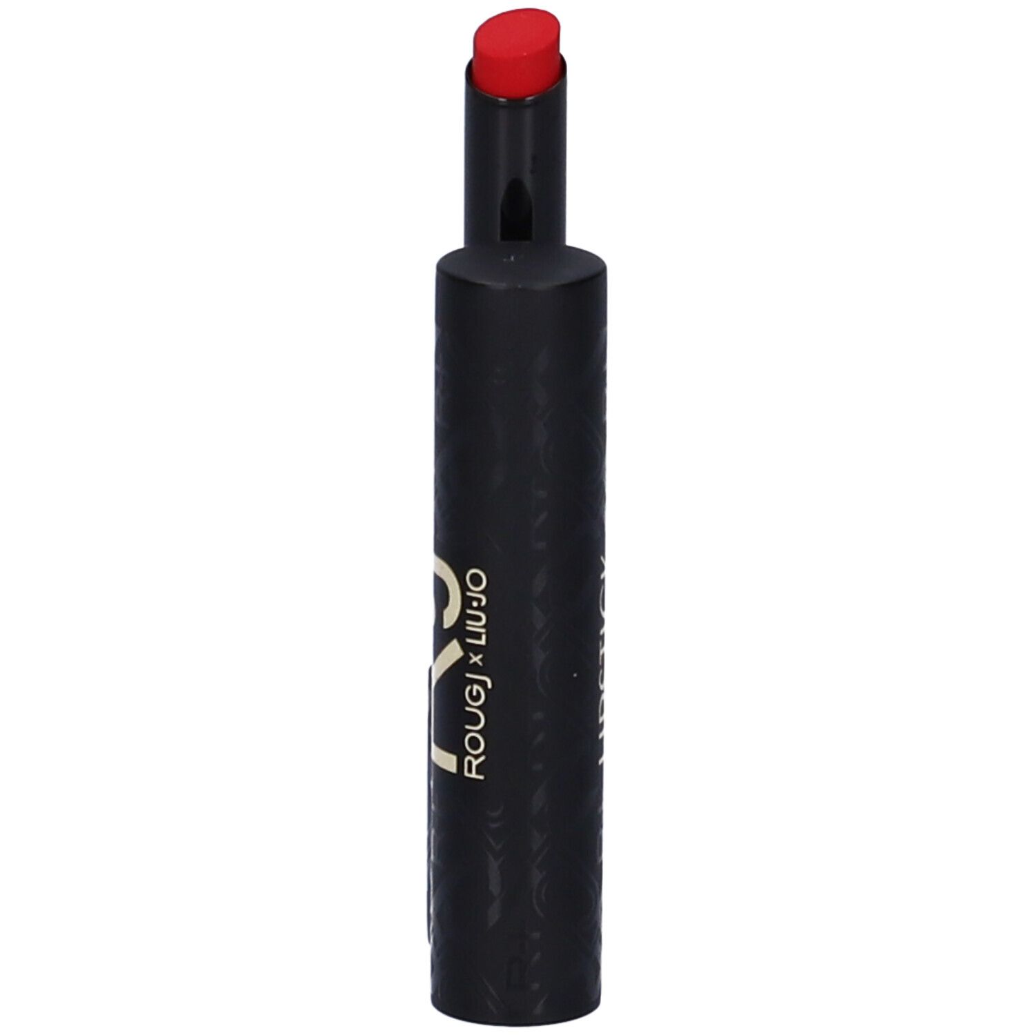 Rossetto rosso in astuccio nero. Chiuso, stick non visibile. Scritta dorata R.J. e ROUGJ x LIU-JO.