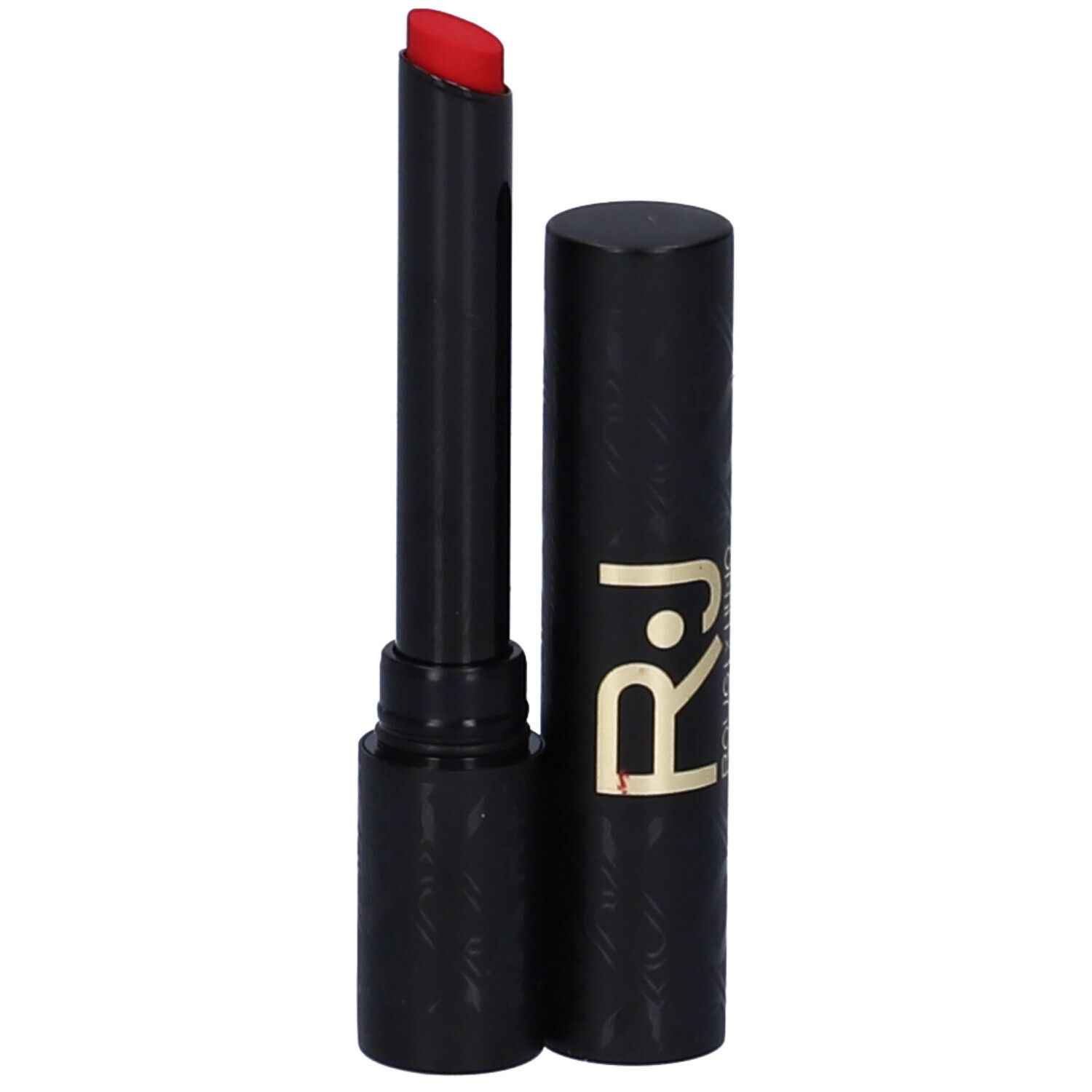 Rossetto rosso in astuccio nero. Aperto, stick visibile. Scritta dorata R.J. e ROUGJ x LIU-JO.