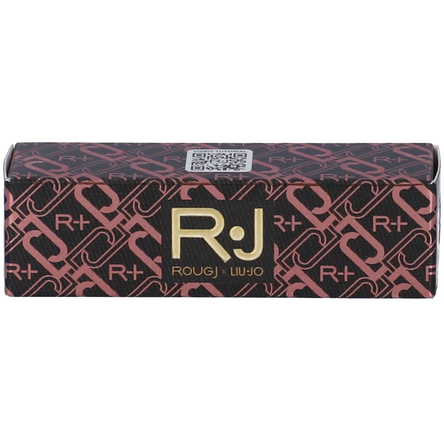 Confezione del rossetto. Motivo rosa e nero con logo R+ e ROUGJ x LIU-JO.