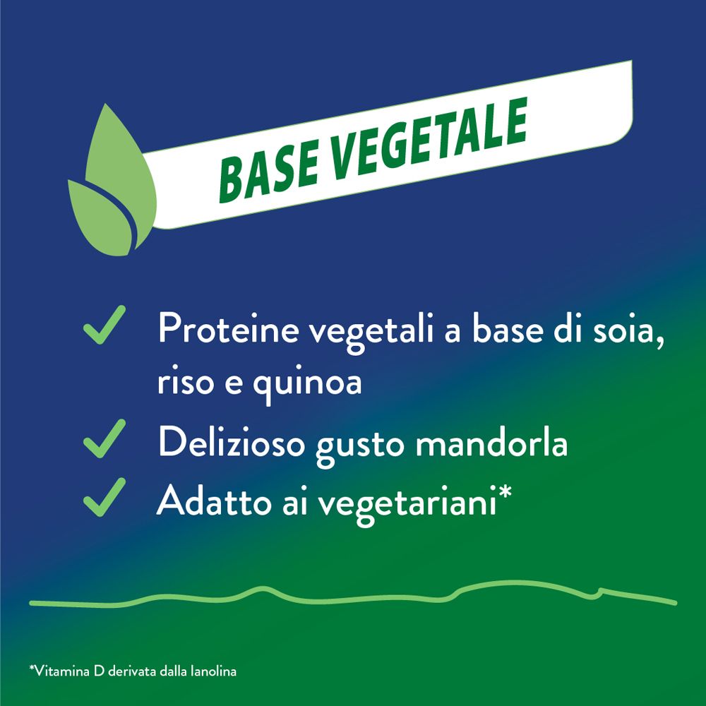 Testo su sfondo verde: Proteine vegetali, gusto mandorla, adatto ai vegetariani.