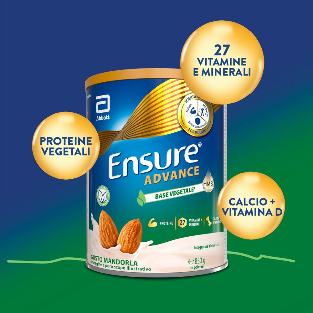 Barattolo Ensure Advance, gusto mandorla. Scritte: Base Vegetale, 27 vitamine e minerali. Cerchi: Proteine, vitamine, calcio.