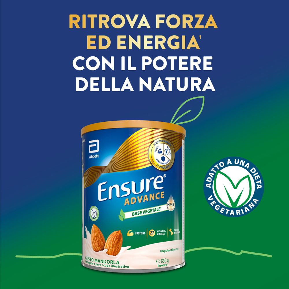 Barattolo Ensure Advance, gusto mandorla. Scritte: Base Vegetale, adatto ai vegetariani. Testo: Forza ed energia con la natura.