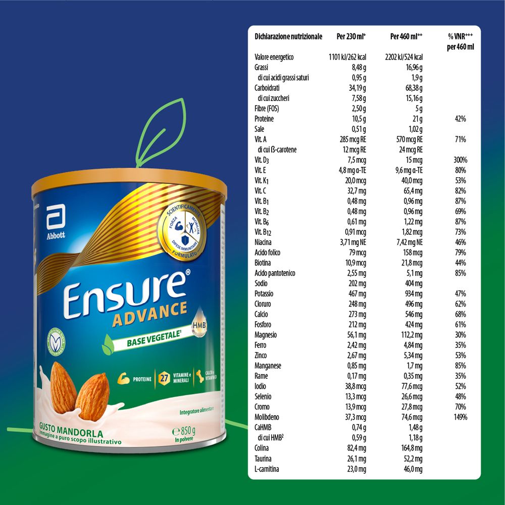 Barattolo Ensure Advance, gusto mandorla. Tabella nutrizionale: calorie, grassi, carboidrati, fibre, proteine, vitamine, minerali.