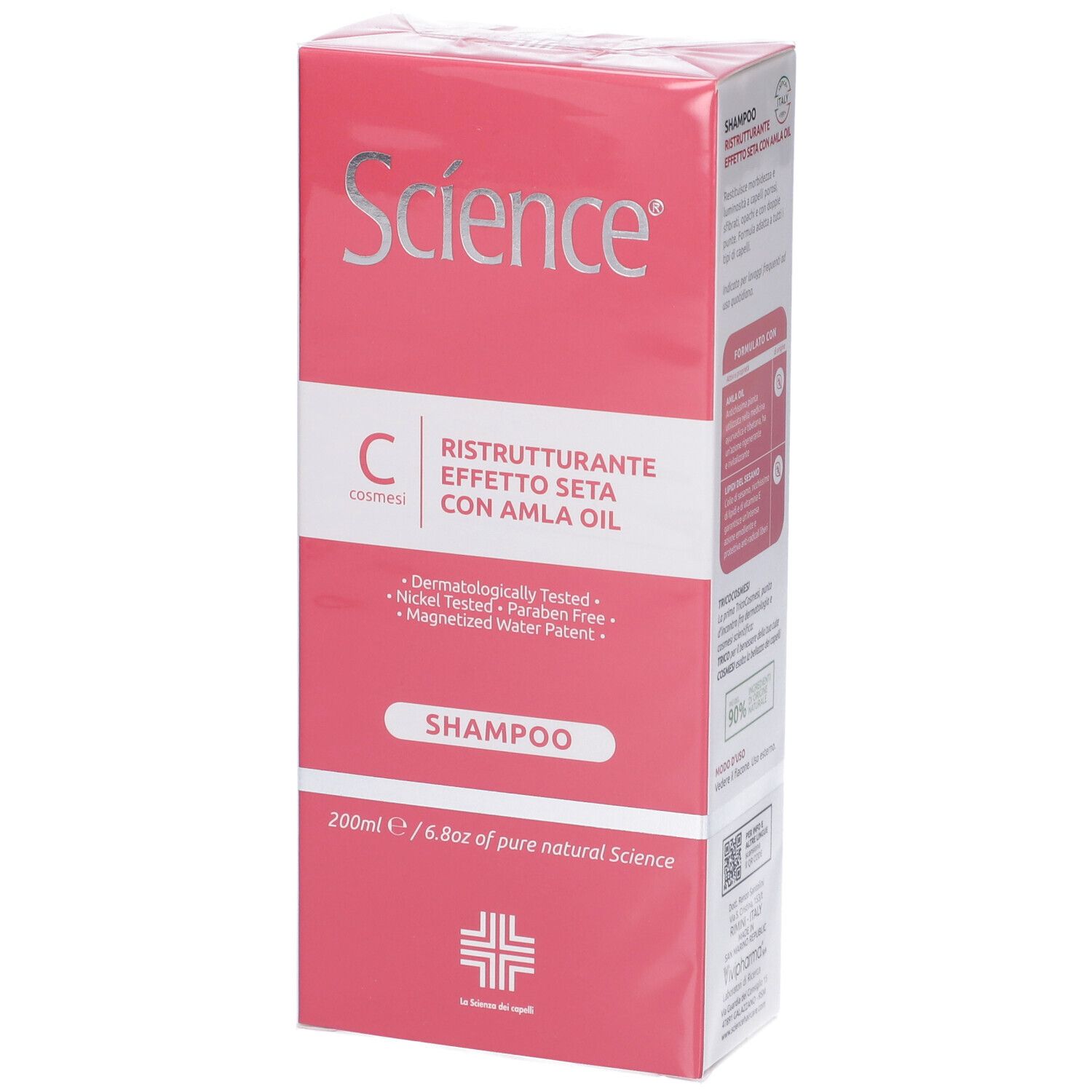 Scatola rosa con shampoo. Scritta: Science, C cosmetics, Ristrutturante Effetto Seta con Amla Oil, Shampoo. 200ml.