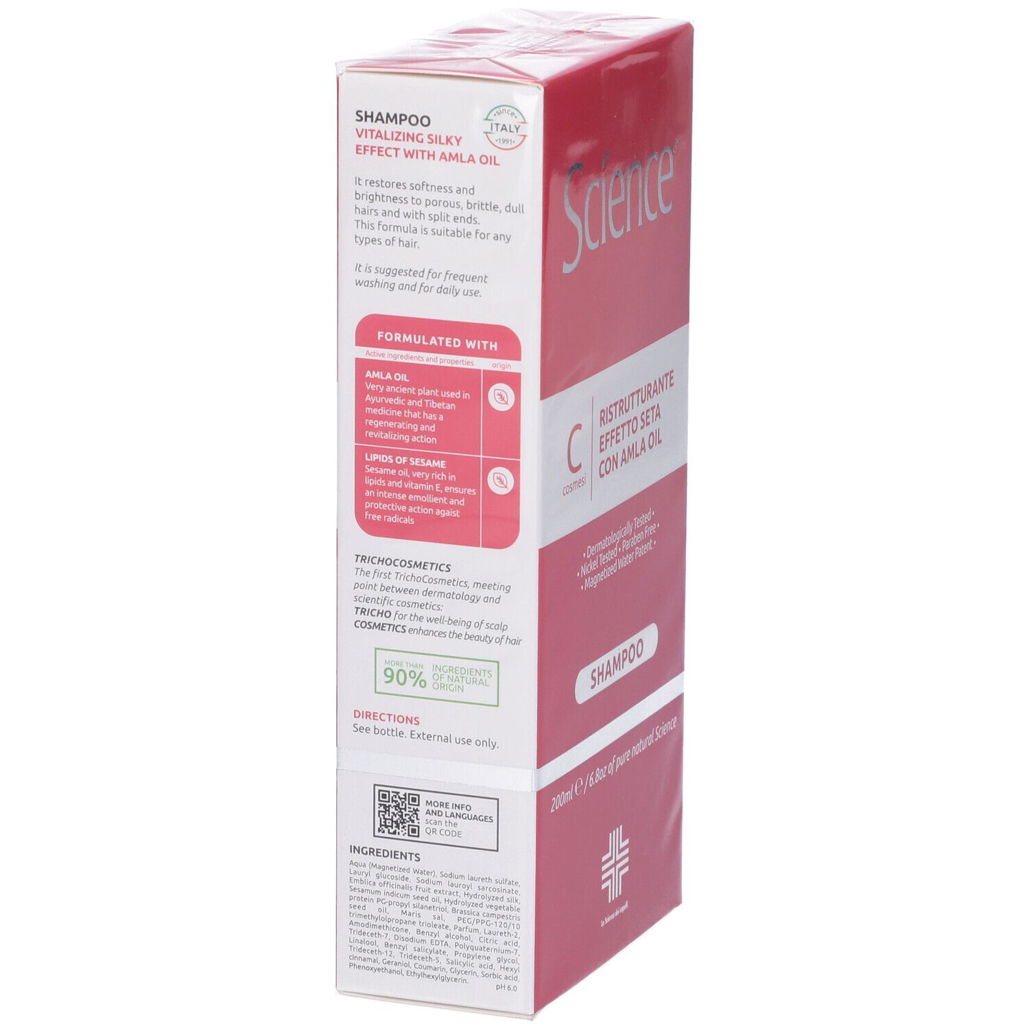 Scatola rosa con shampoo. Scritta: Science, Ristrutturante Effetto Seta con Amla Oil, Shampoo. Testo in italiano.