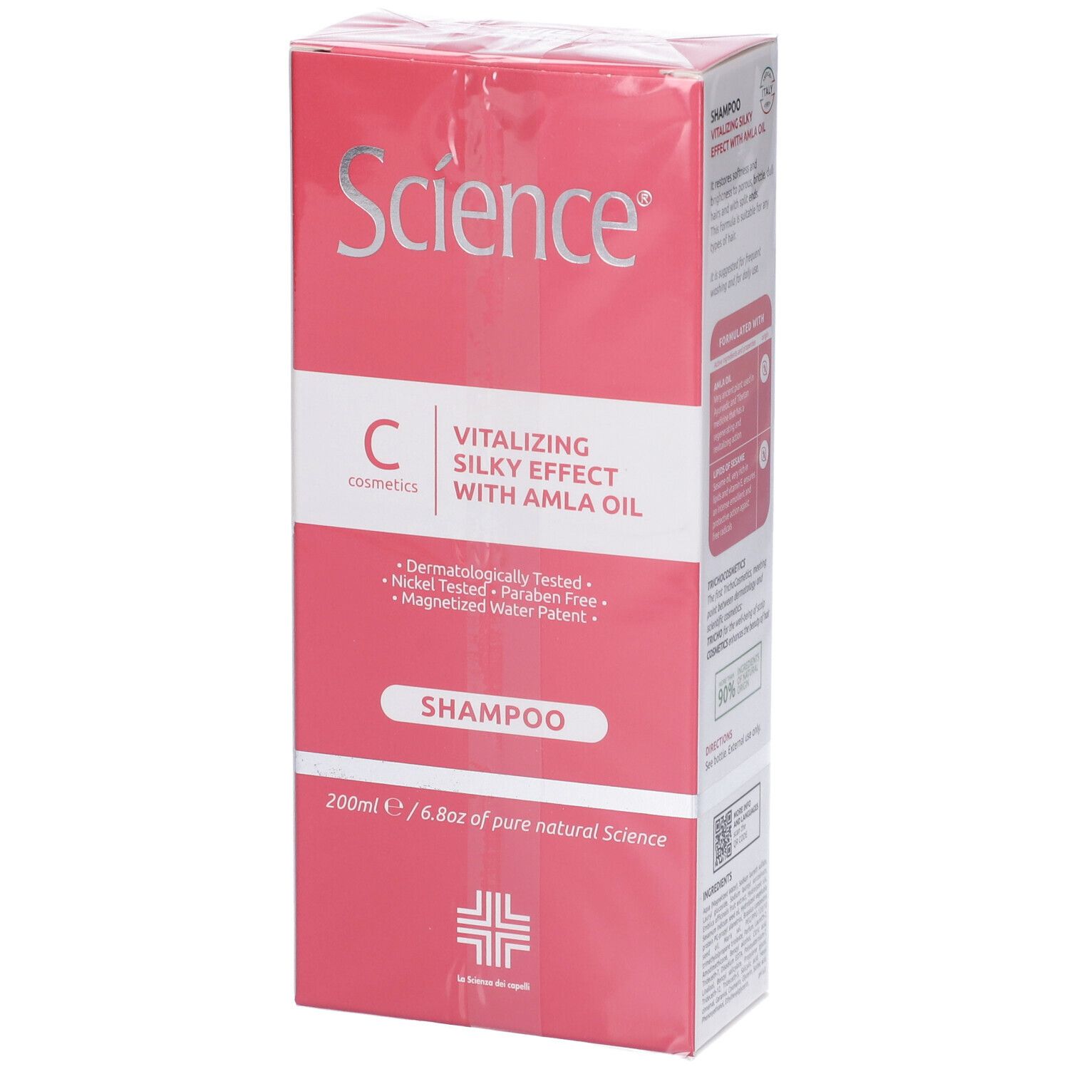 Scatola rosa con shampoo. Scritta: Science, C cosmetics, Vitalizing Silky Effect with Amla Oil, Shampoo. 200ml.
