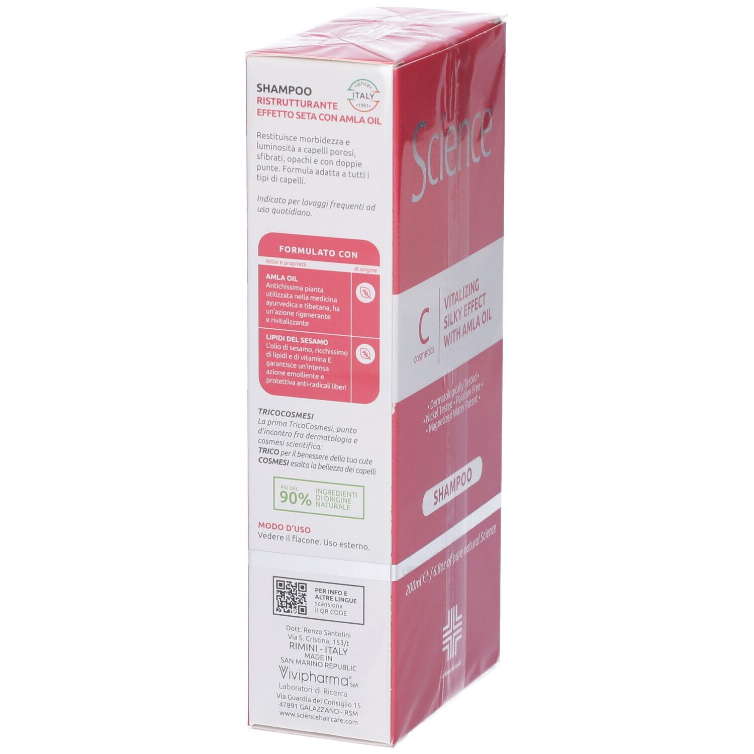 Scatola rosa con shampoo. Scritta: Science, Ristrutturante Effetto Seta con Amla Oil, Shampoo. Testo in italiano.