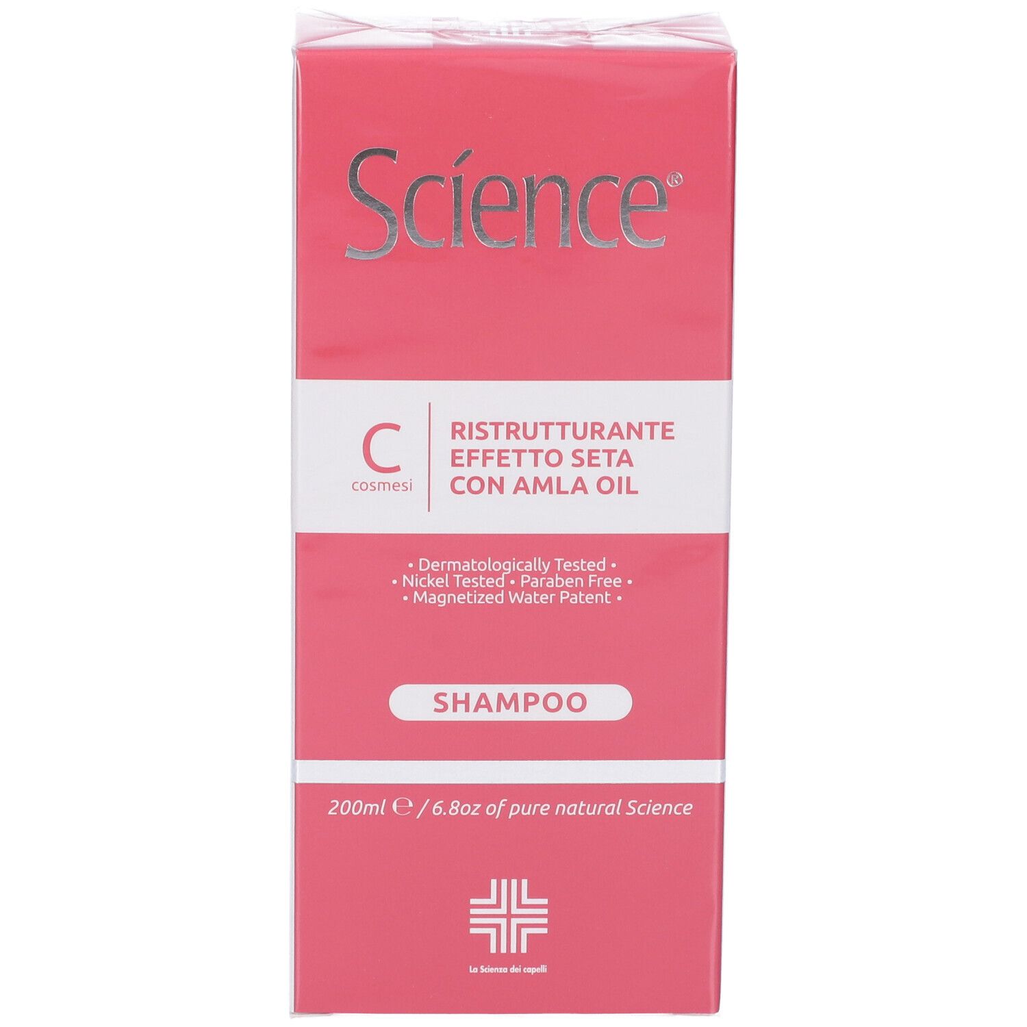 Scatola rosa con shampoo. Scritta: Science, C cosmetics, Ristrutturante Effetto Seta con Amla Oil, Shampoo. 200ml.
