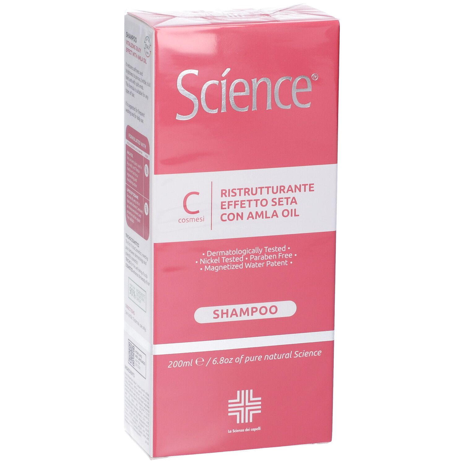 Scatola rosa con shampoo. Scritta: Science, Ristrutturante Effetto Seta con Amla Oil, Shampoo. 200ml.