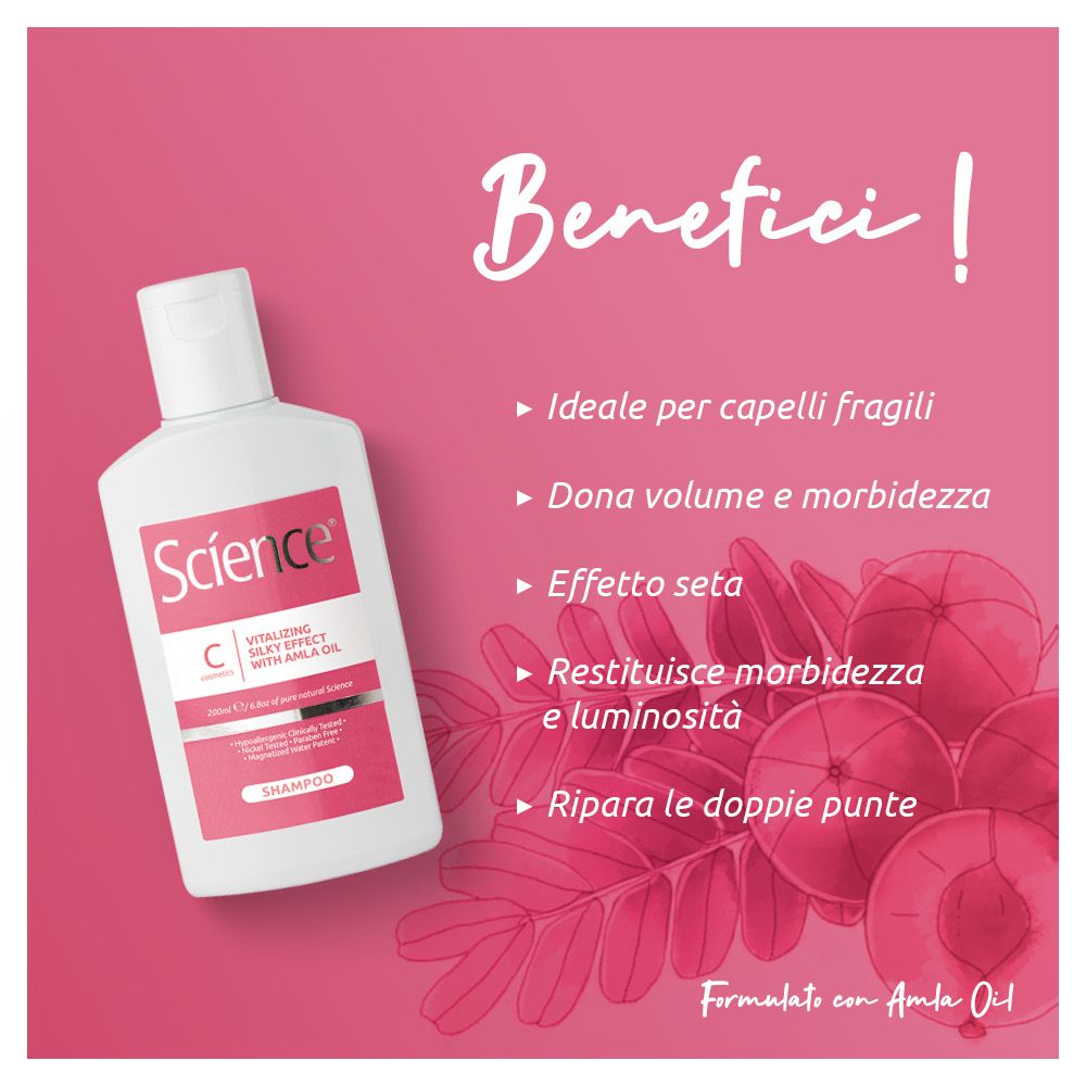 Sfondo rosa con testo: Benefici! Flacone del prodotto, illustrazioni di frutta e foglie. Vantaggi: Ideale per capelli fragili.