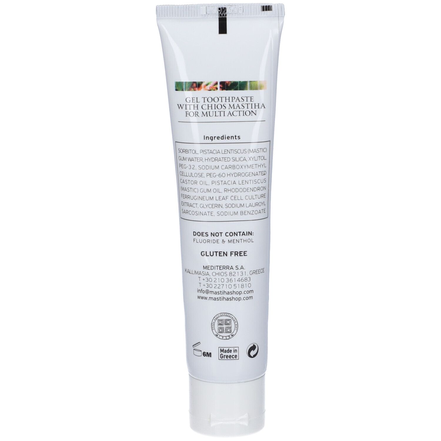 Retro del tubetto di dentifricio con ingredienti e testo: DOES NOT CONTAIN: FLUORIDE & MENTHOL, GLUTEN FREE.