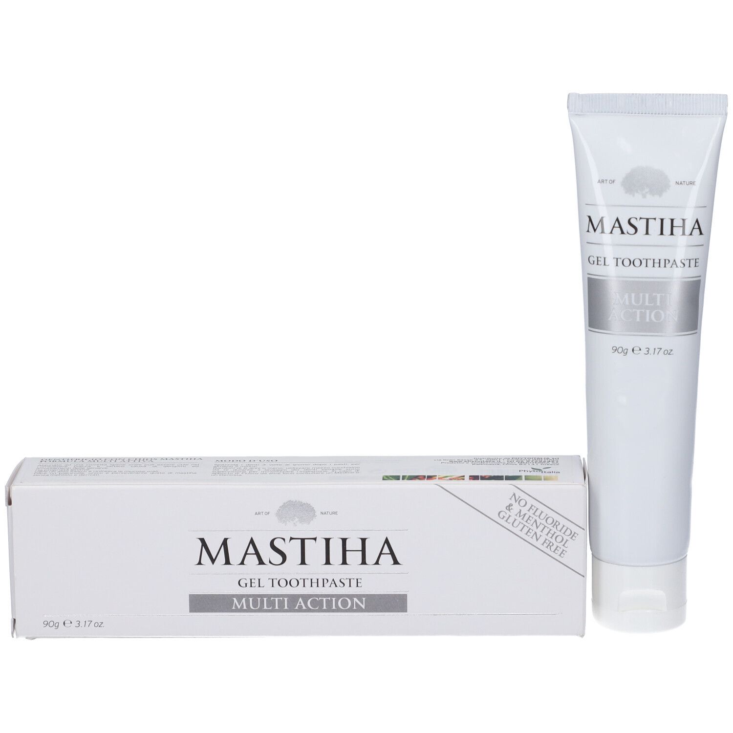 Tubo di dentifricio e scatola. Sul tubo: MASTIHA, GEL TOOTHPASTE, MULTI ACTION. Sulla scatola: 90g.