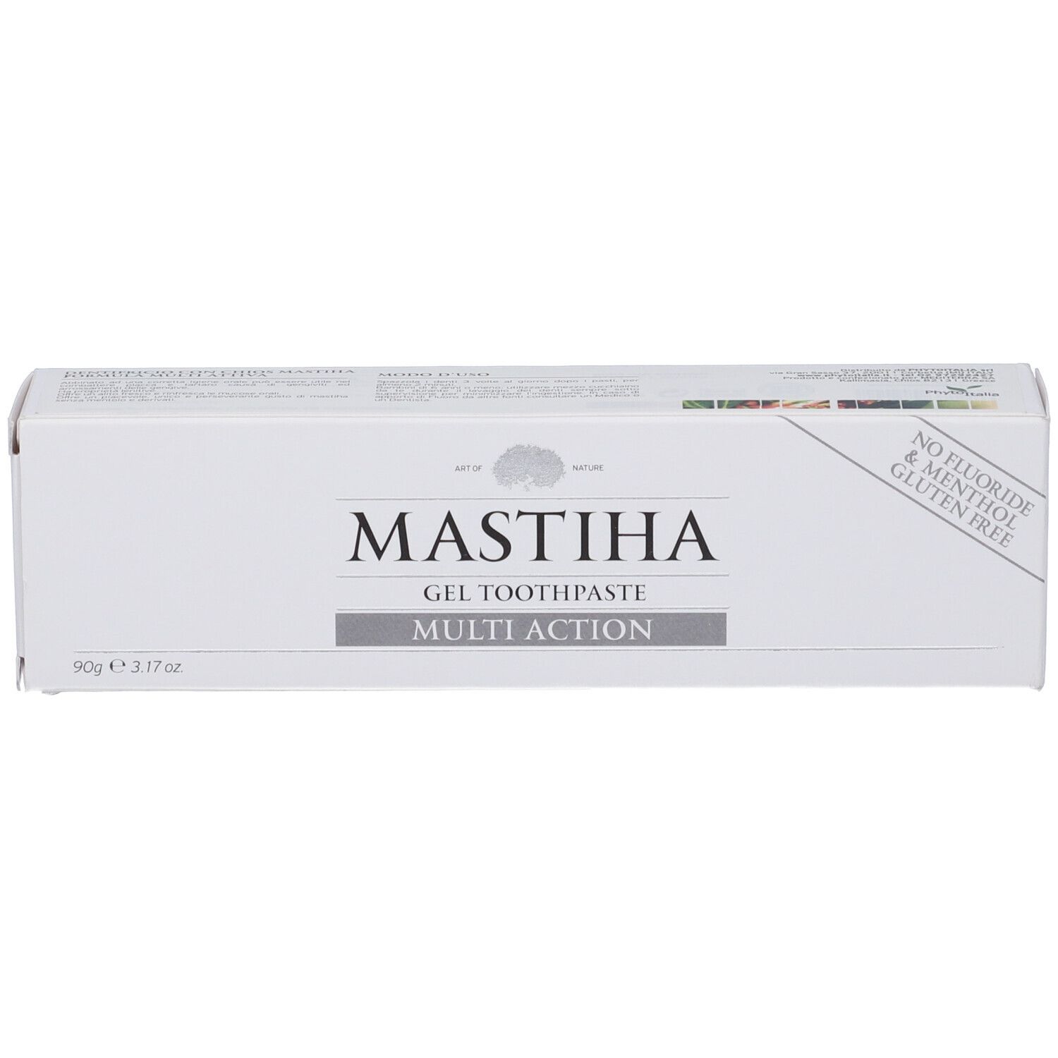 Scatola bianca con scritta MASTIHA, GEL TOOTHPASTE, MULTI ACTION. Stampa: 90g, NO FLUORIDE & MENTHOL, GLUTEN FREE.