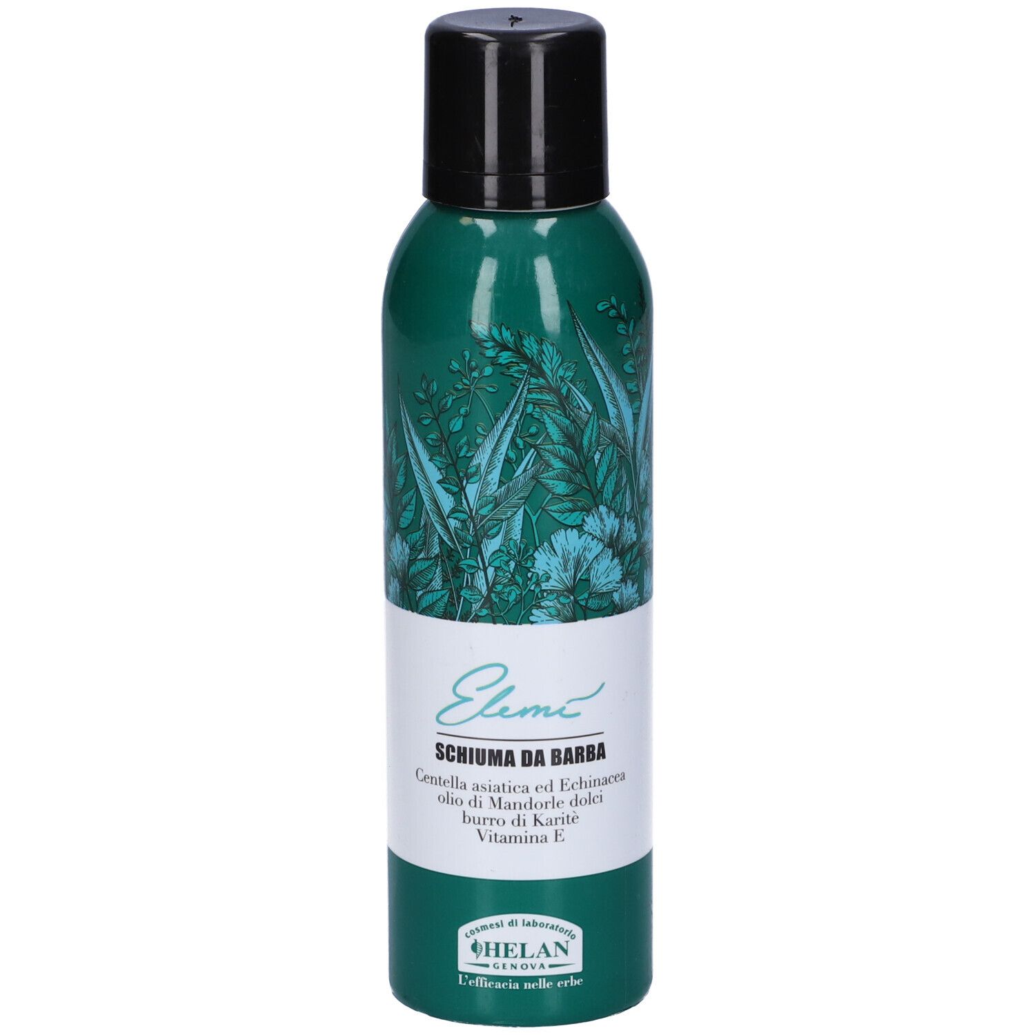 Flacone verde con tappo nero. Scritto: Elemi Schiuma Da Barba. Ingredienti. Marchio Helan.