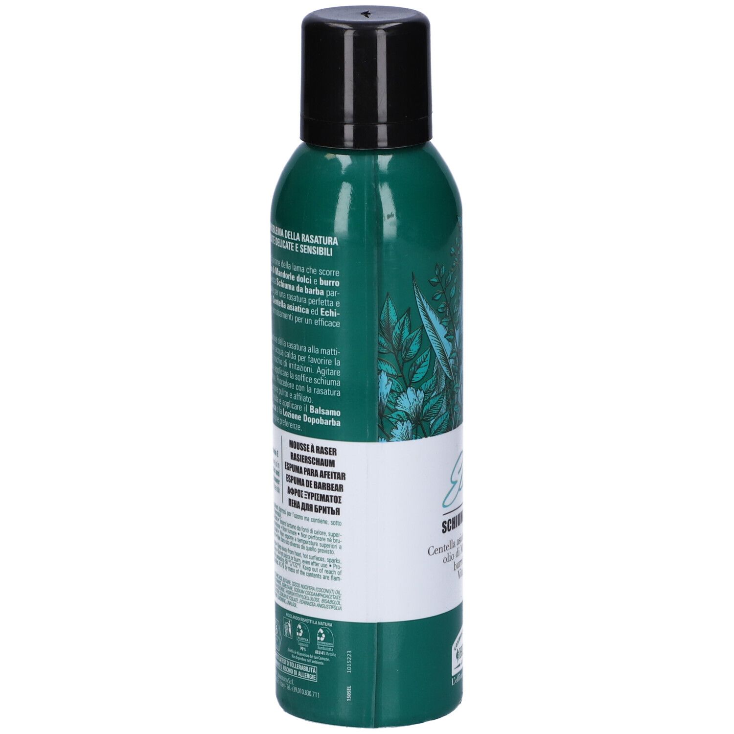 Flacone verde con tappo nero. Testo in italiano. Ingredienti e istruzioni. Marchio Helan.